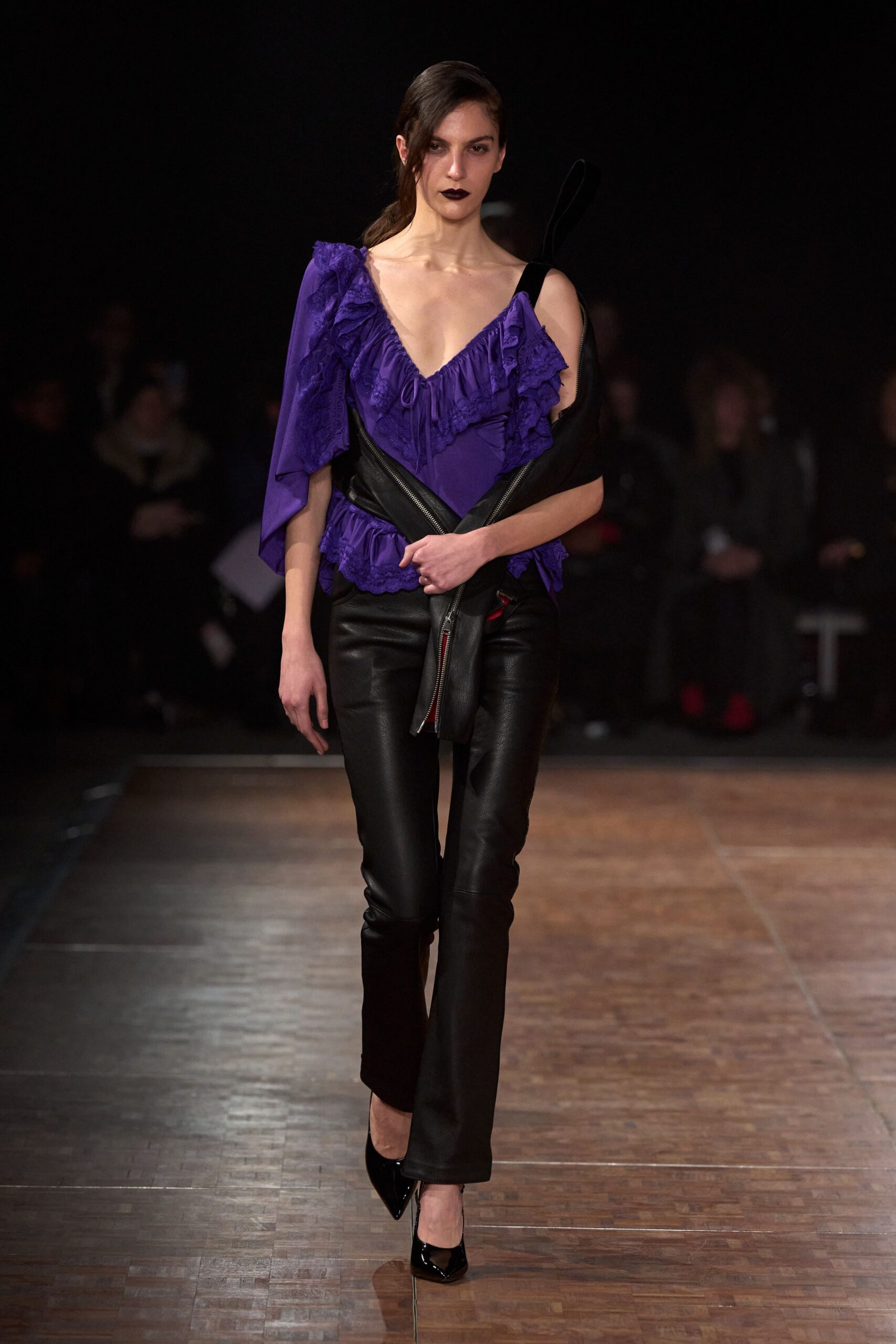 purple silk sleeveless v-neck fitted ruffled top