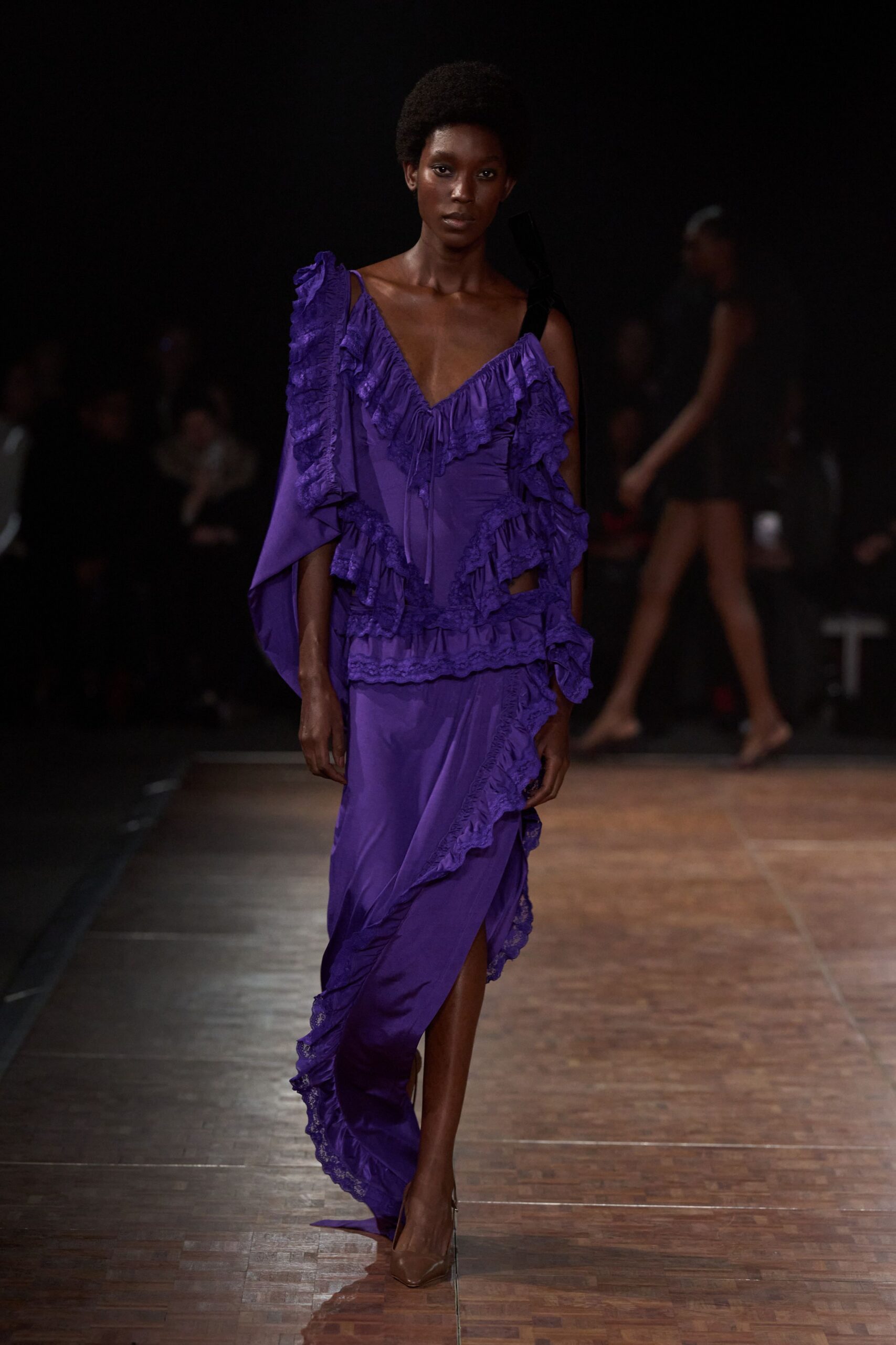 purple silk sleeveless v-neck fitted ruffled layered dress
