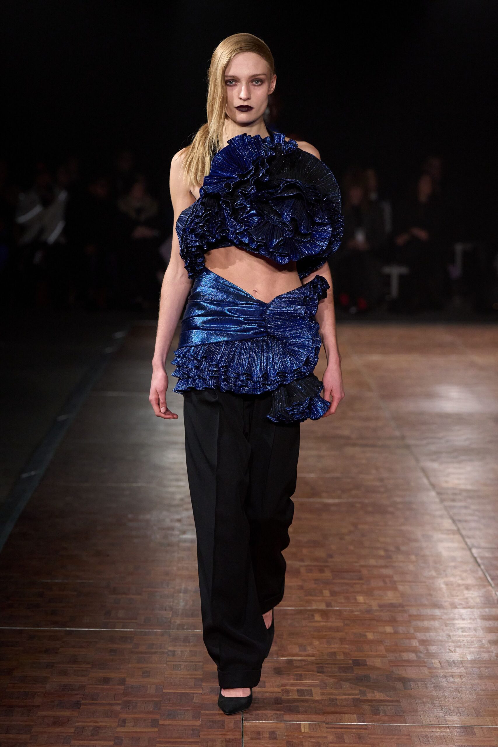blue silk sleeveless asymmetric fitted ruffled top