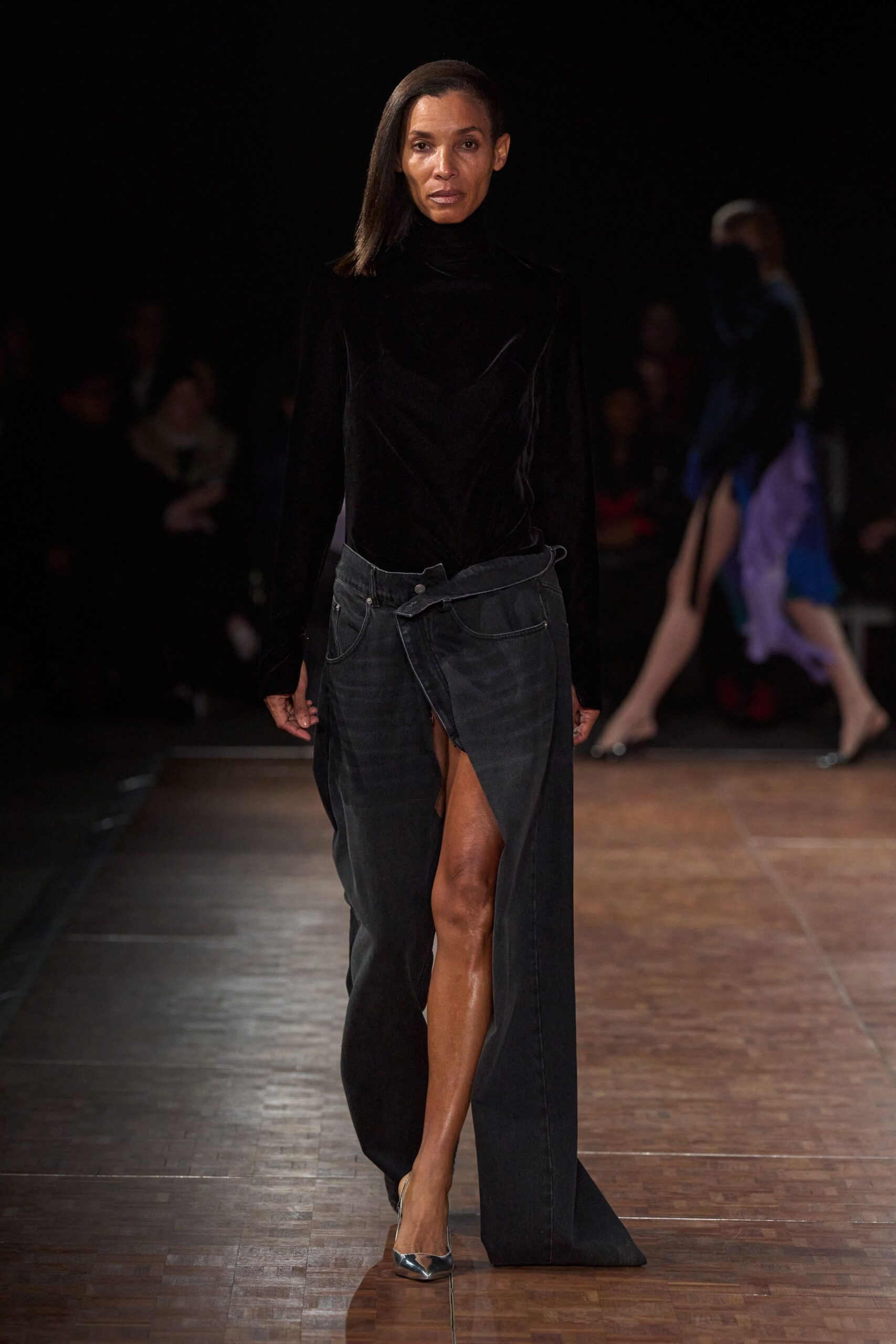 blue denim asymmetric relaxed high-waisted distressed pants