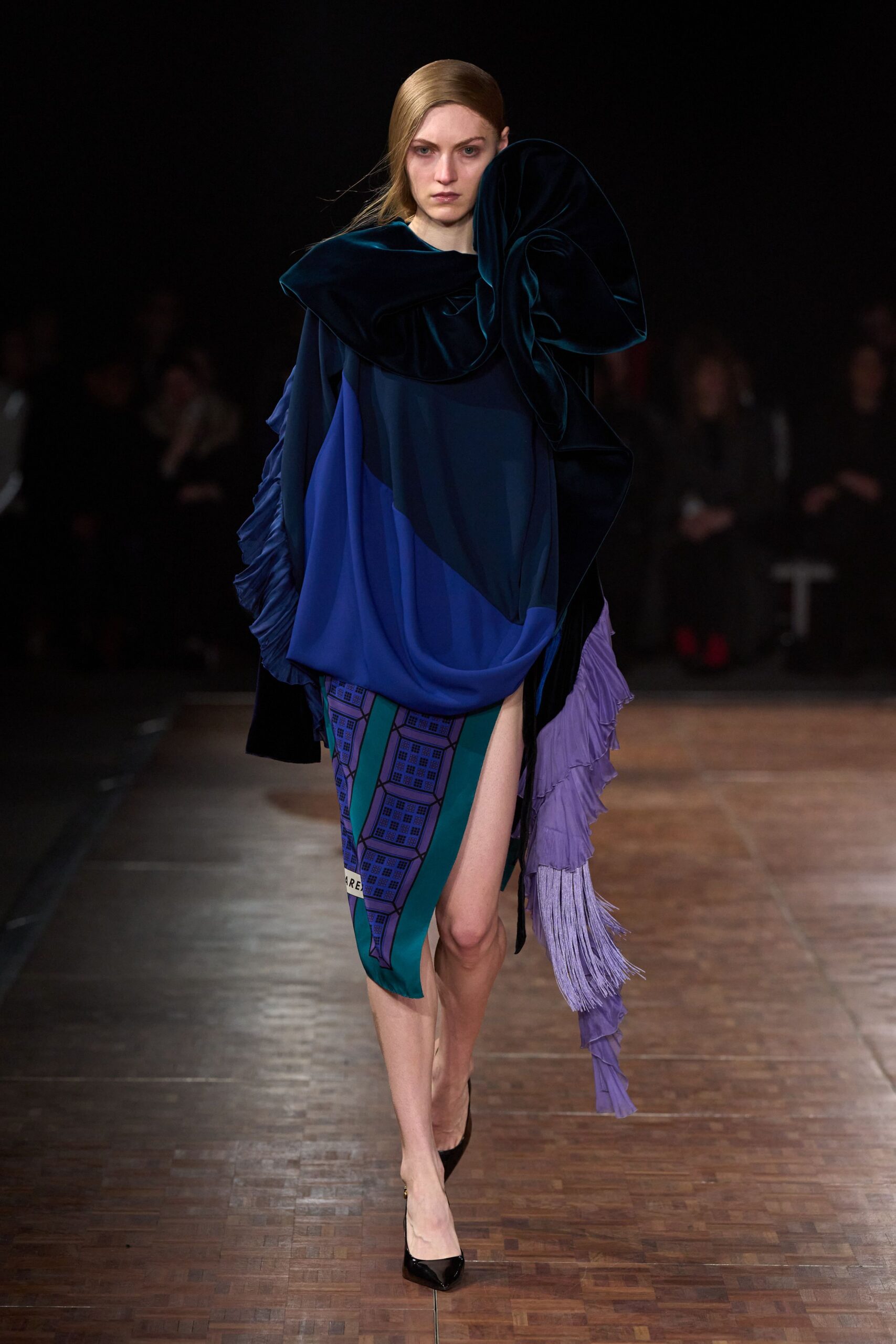 blue velvet sleeveless v-neck fitted ruffled draped dress
