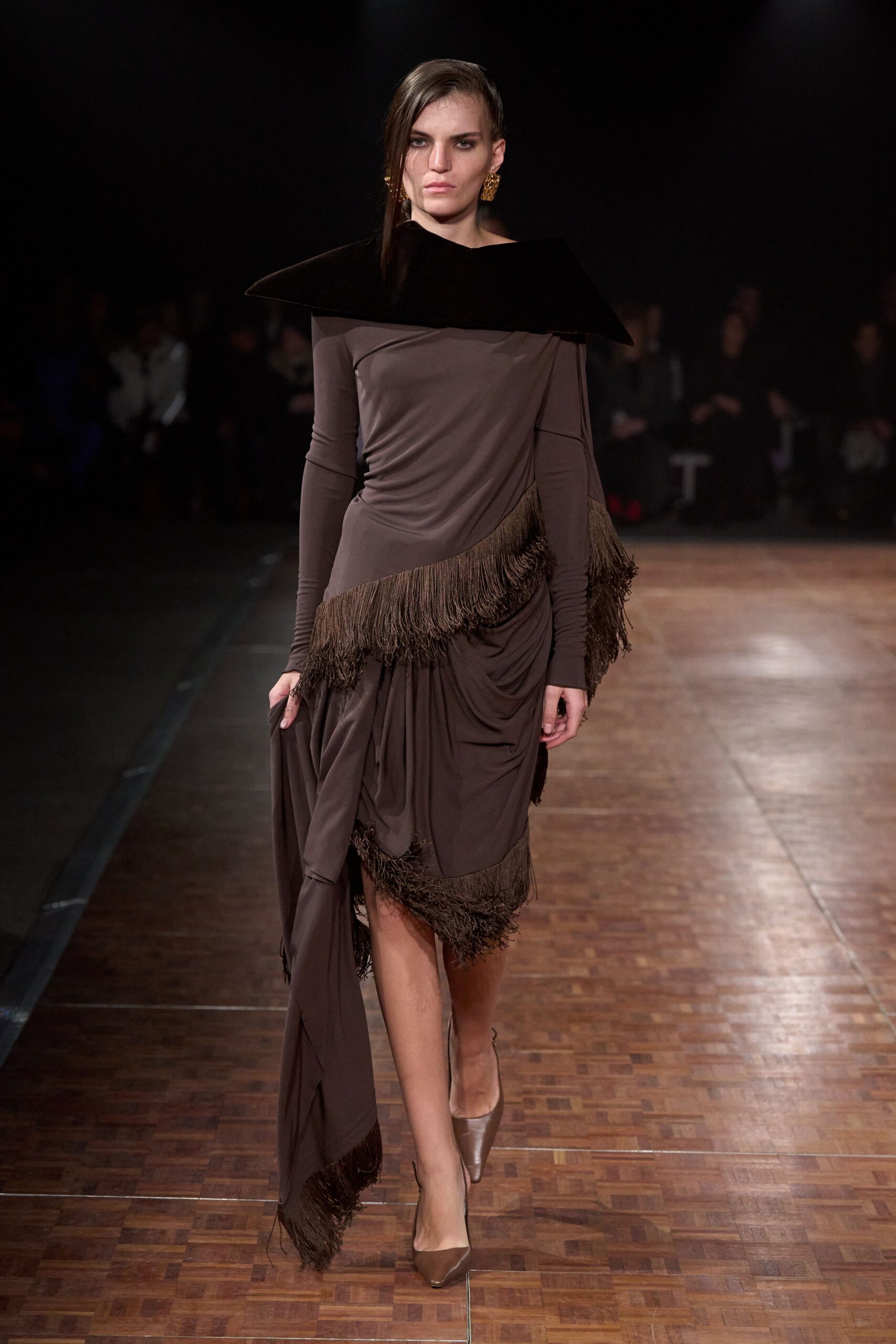 brown silk long-sleeve high-neck fitted fringed draped dress