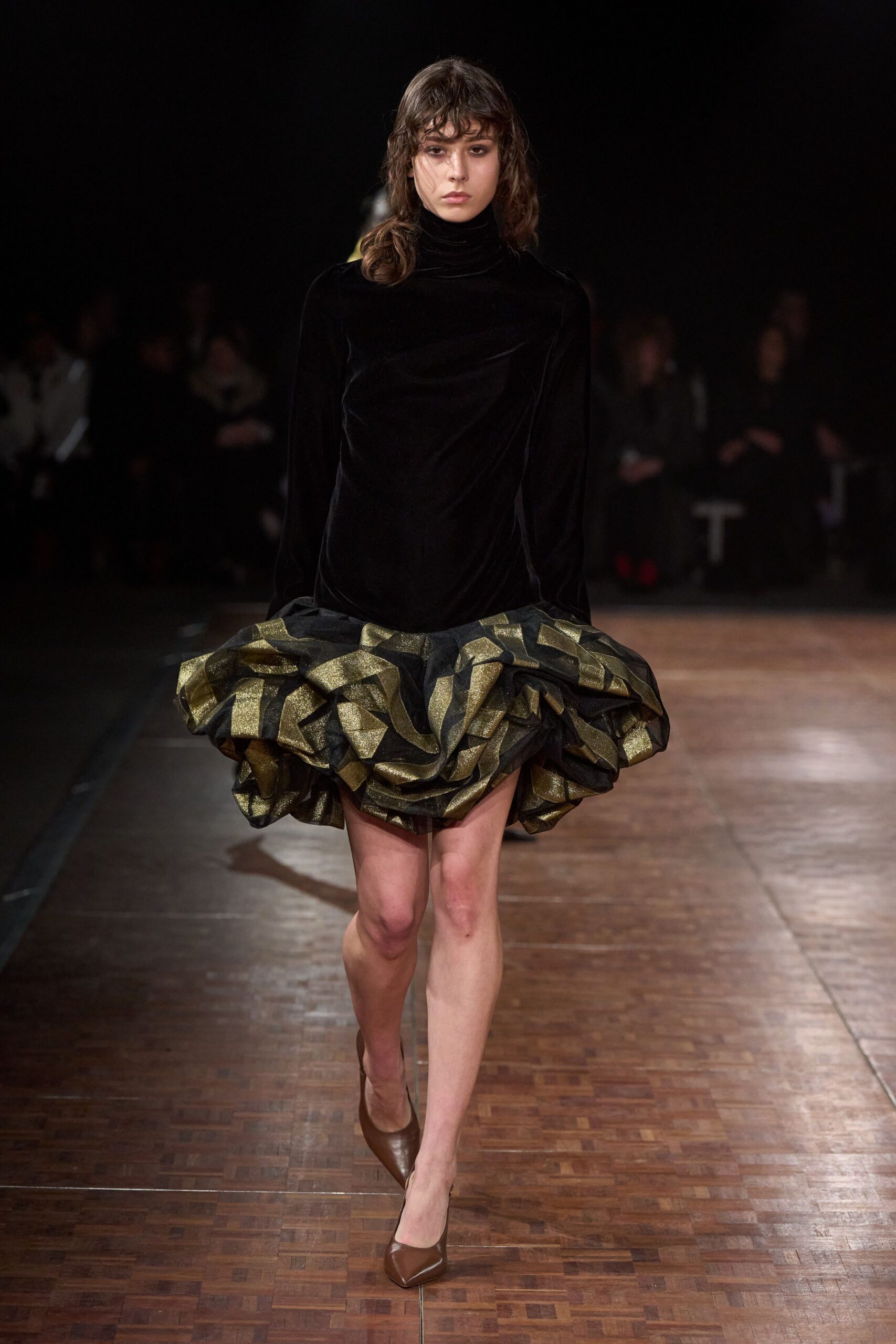 black velvet long-sleeve high-neck fitted pleated layered dress