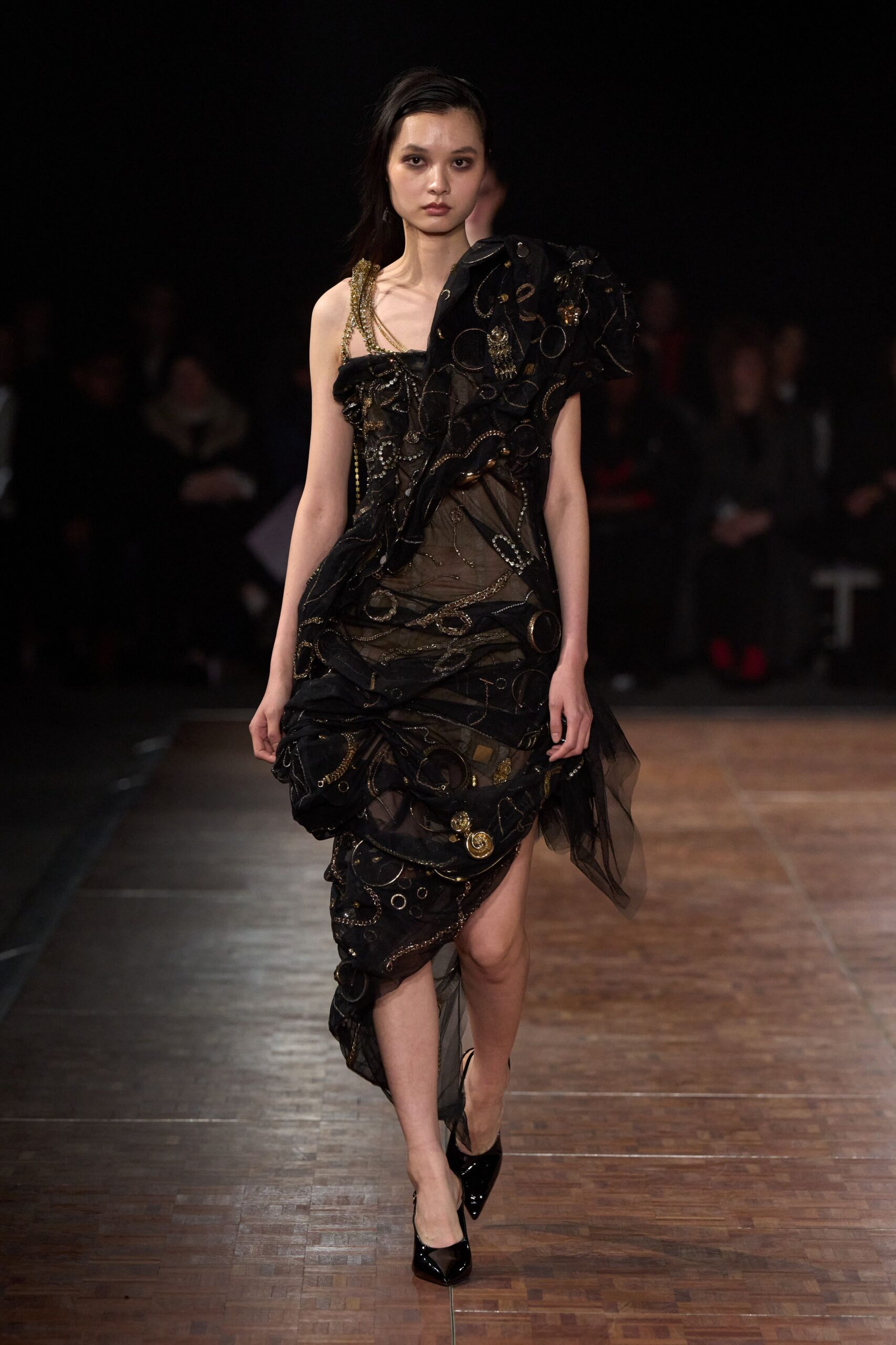 black silk sleeveless asymmetric fitted ruffled embellished dress