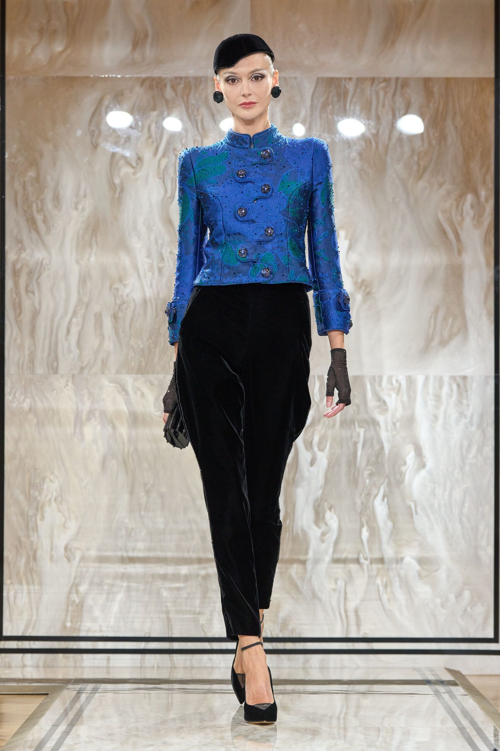 blue silk long-sleeve collared fitted embellished blazer
