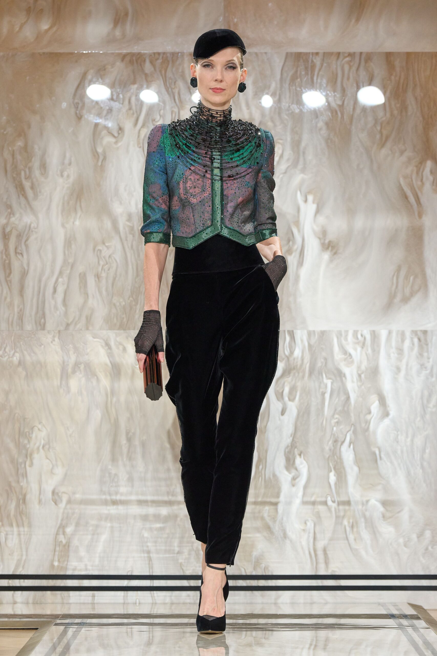 green silk short-sleeve collared fitted structured embroidered jacket