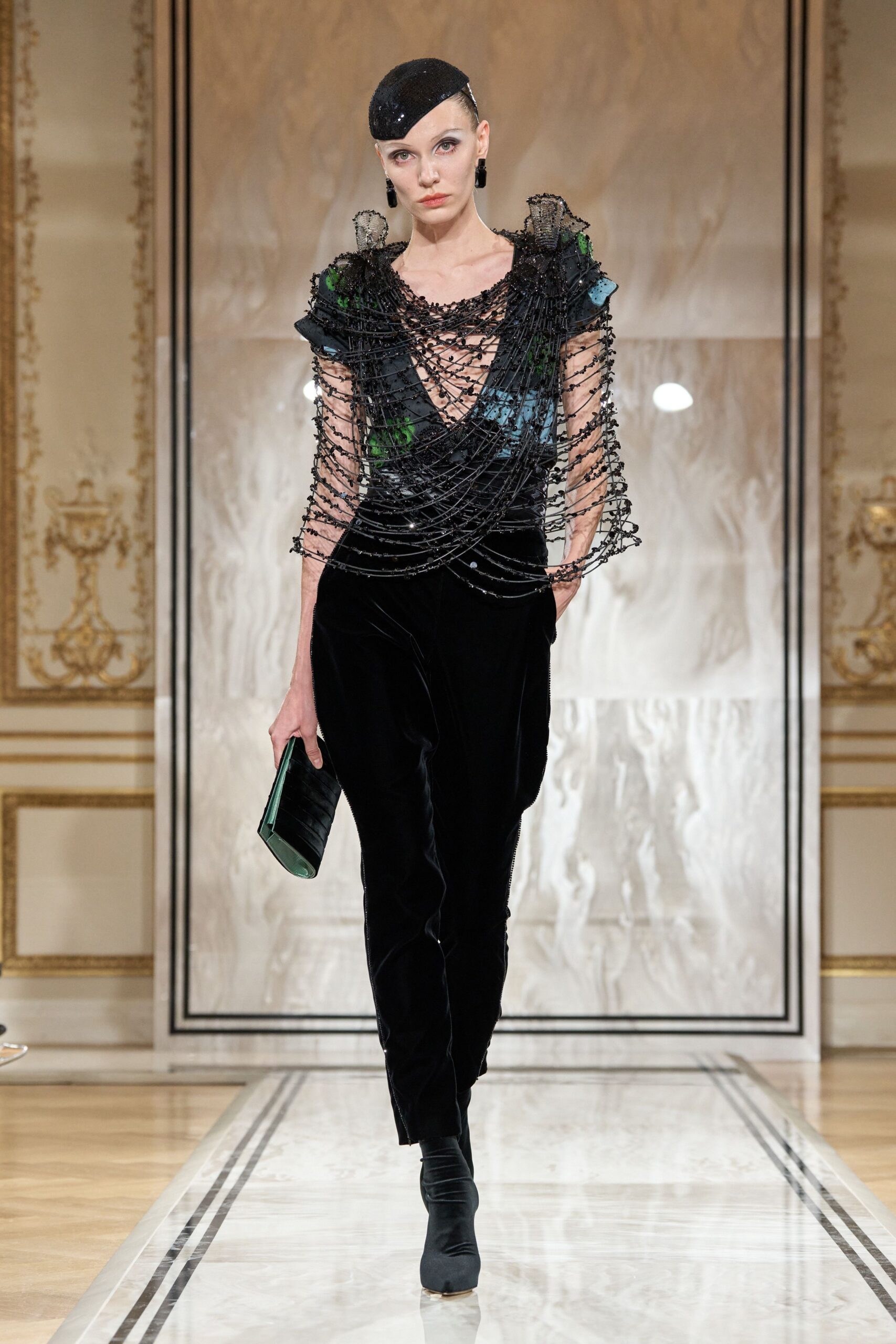 black velvet sleeveless v-neck fitted draped embellished top