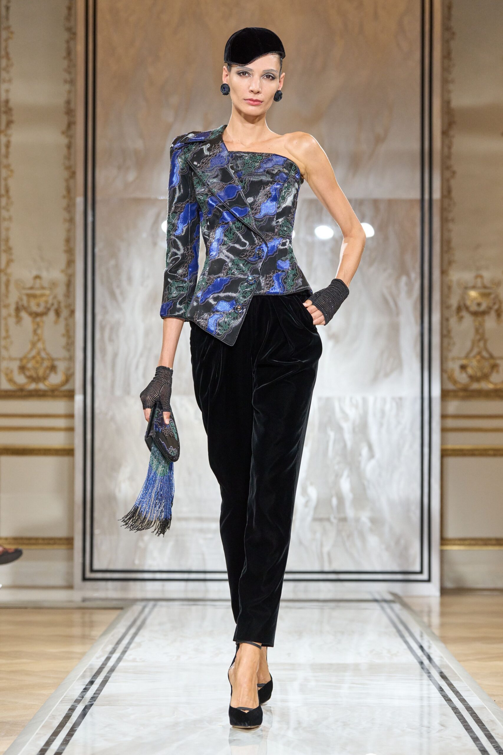 blue silk long-sleeve asymmetric fitted printed blazer
