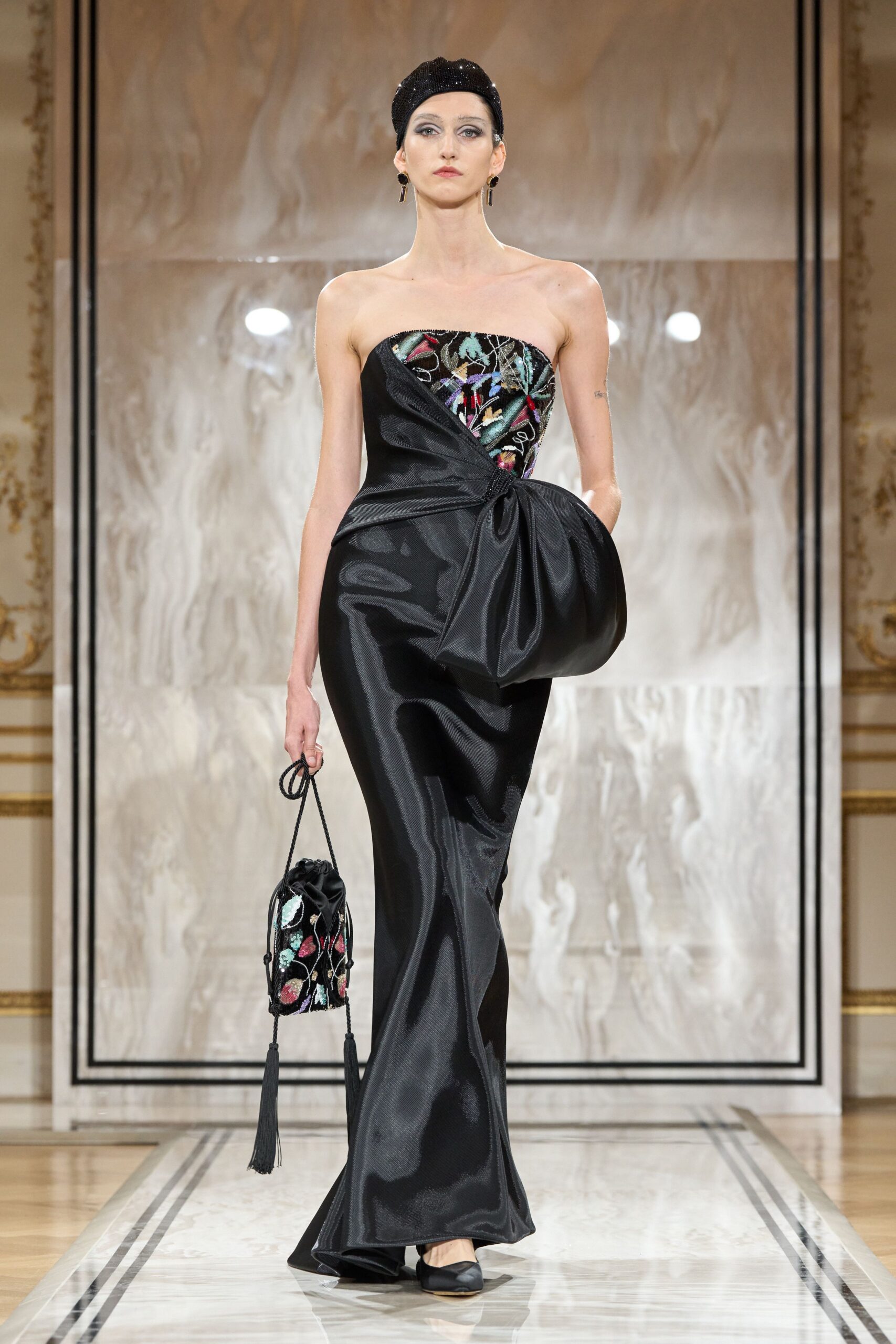 black silk strapless fitted embroidered draped shiny gown