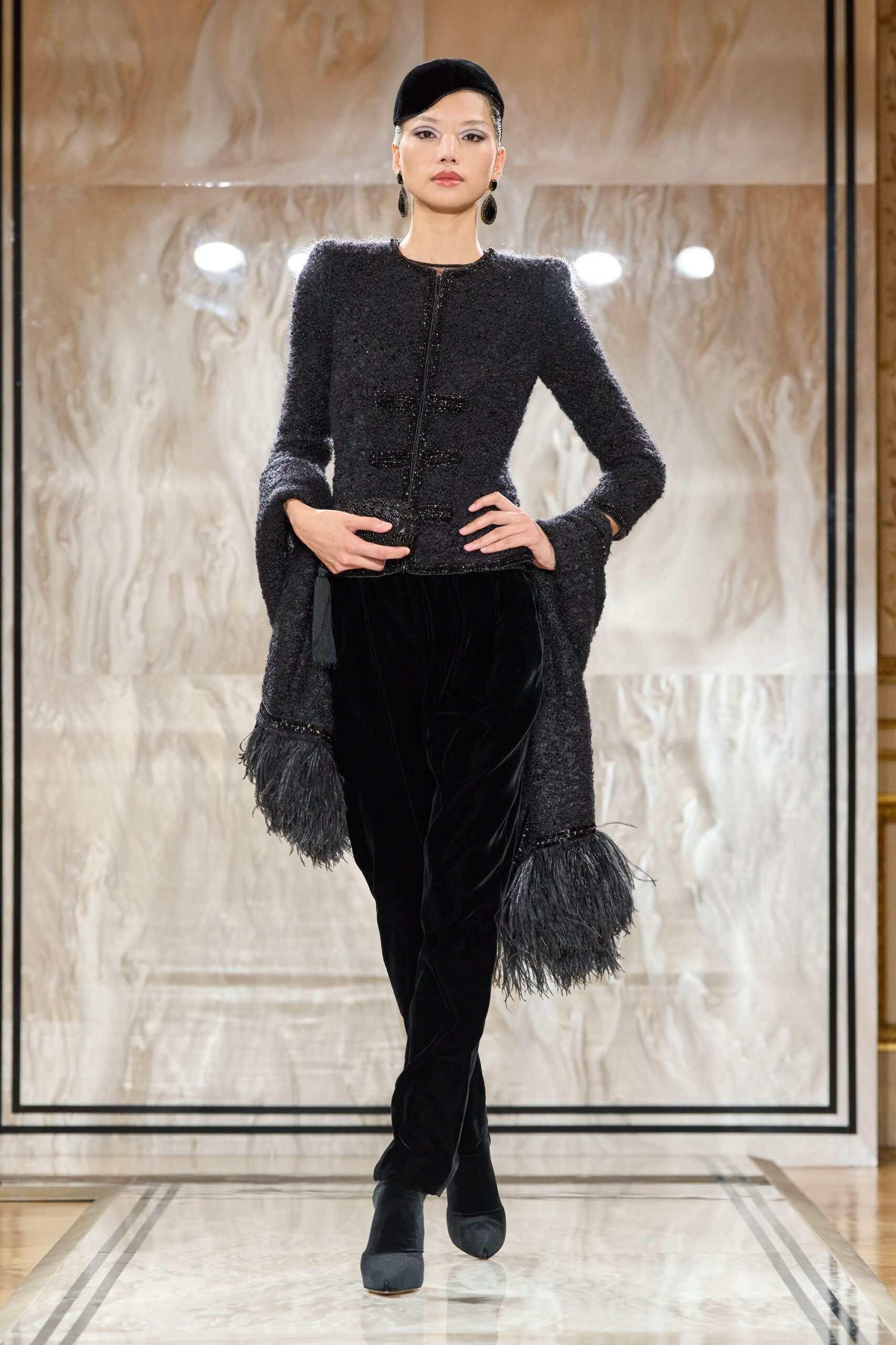 black wool long-sleeve collared fitted fringed jacket