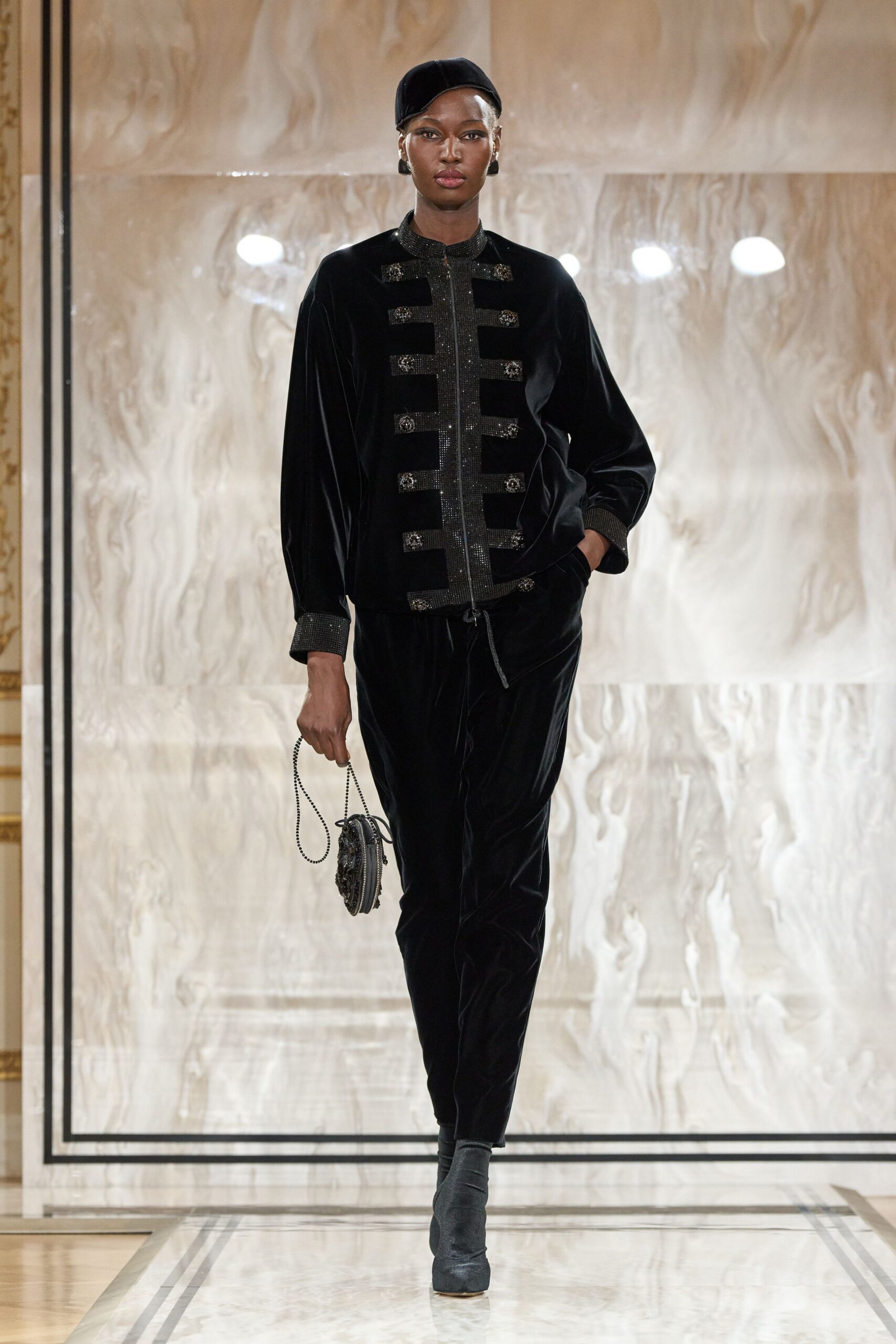 black velvet long-sleeve collared fitted buttoned jacket