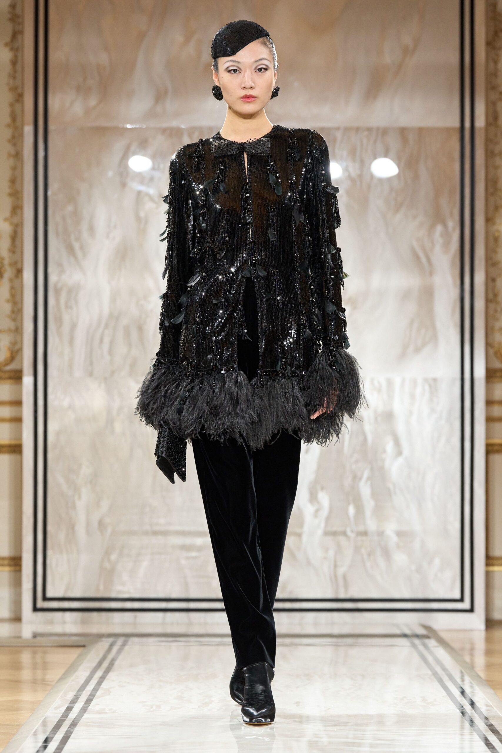 black sequin long-sleeve fitted fringed shiny top