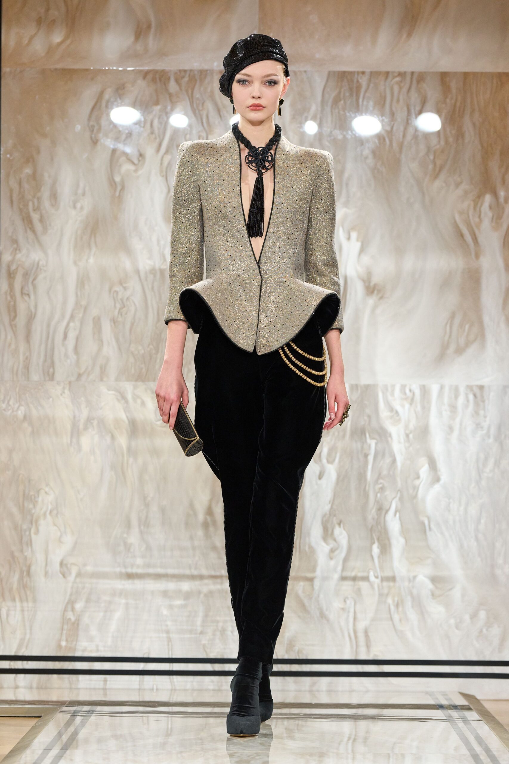 beige silk long-sleeve v-neck structured embroidered blazer