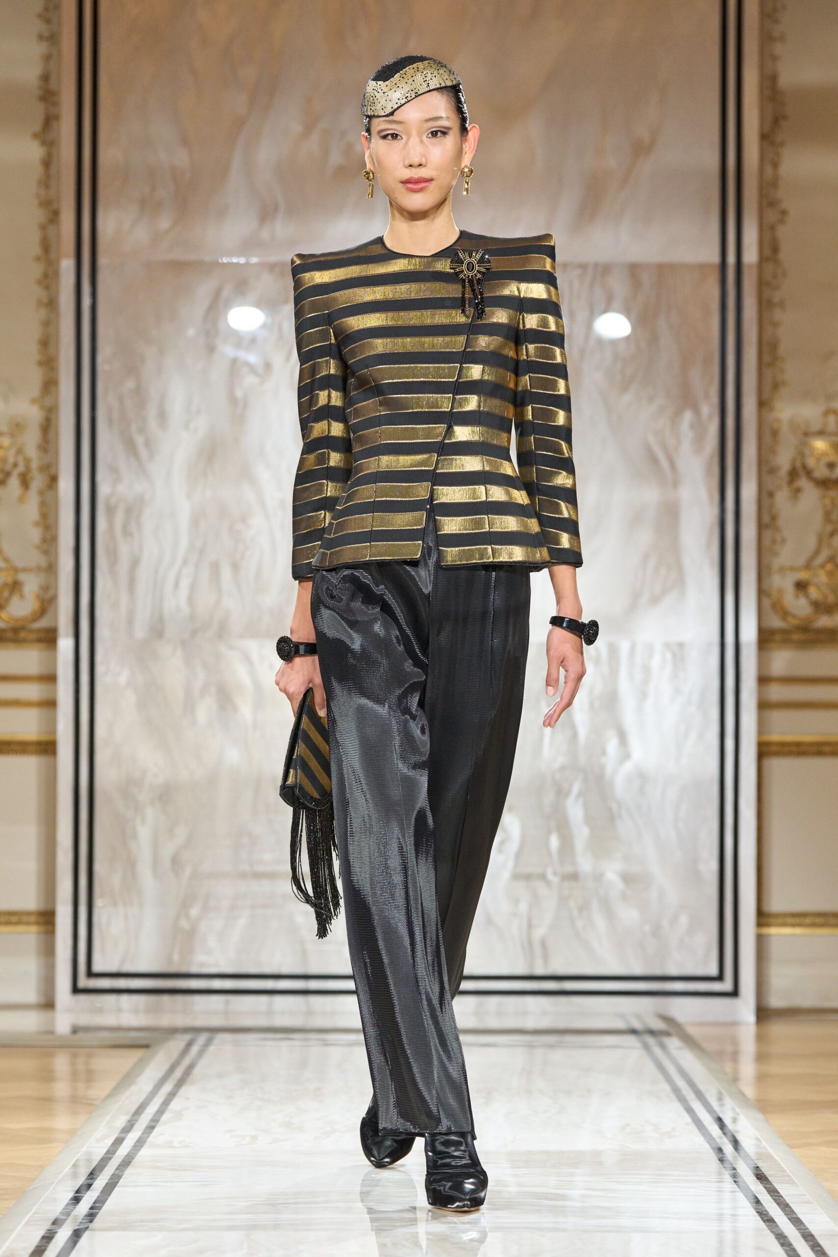 black and gold striped blazer