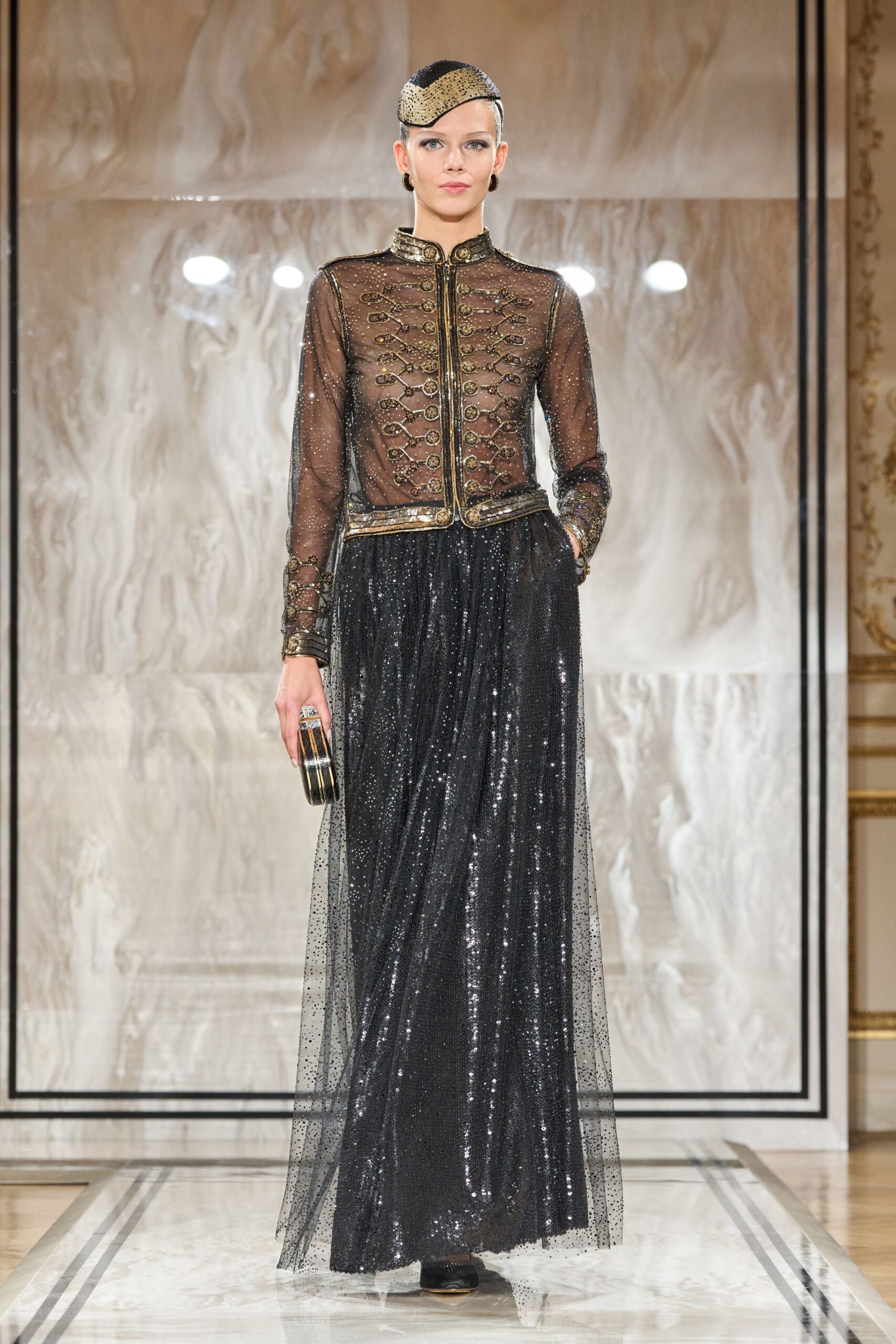 black silk long-sleeve collared fitted sequined layered gown