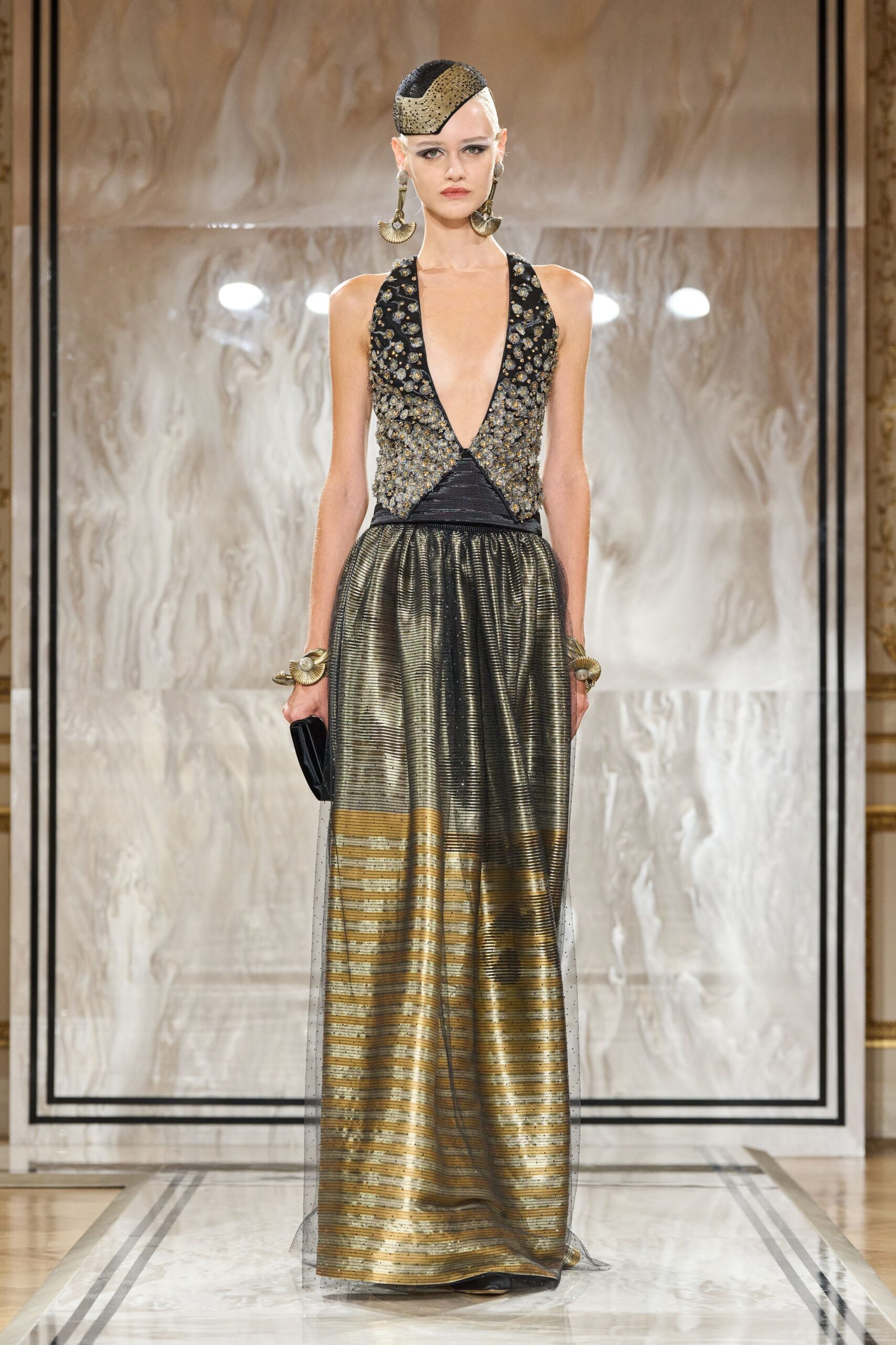 black silk sleeveless v-neck fitted pleated layered gown