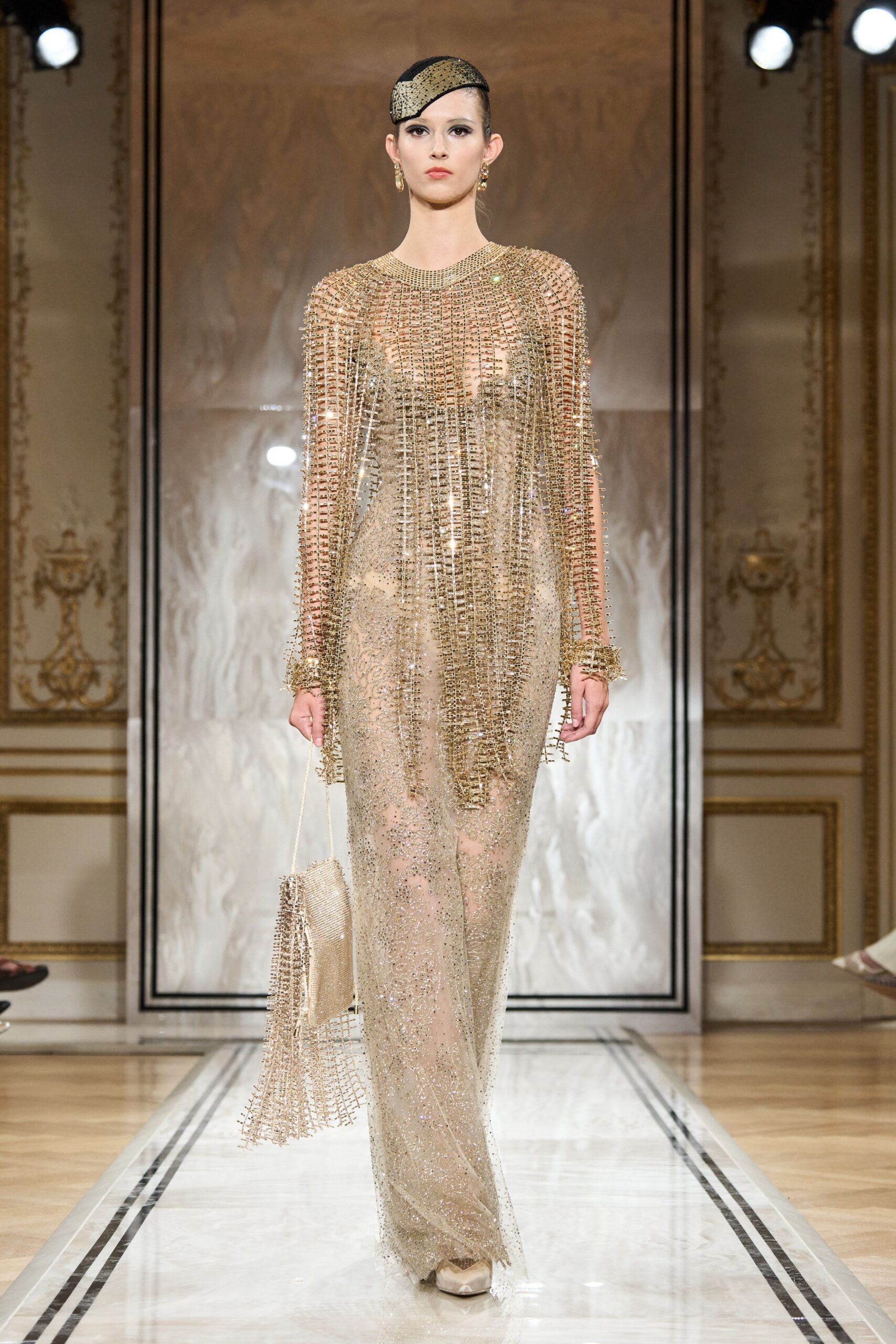 gold silk long-sleeve fitted beaded draped shiny gown