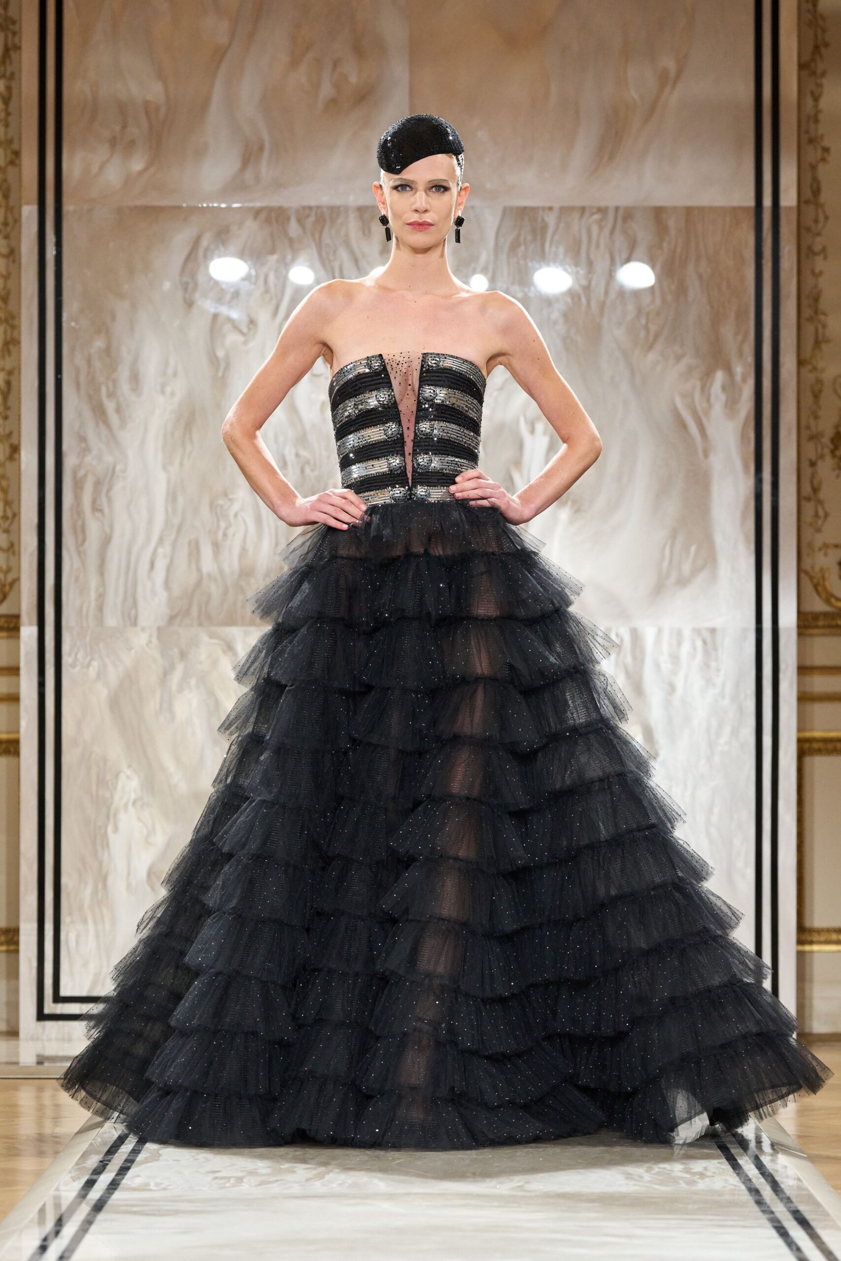 black strapless tiered gown