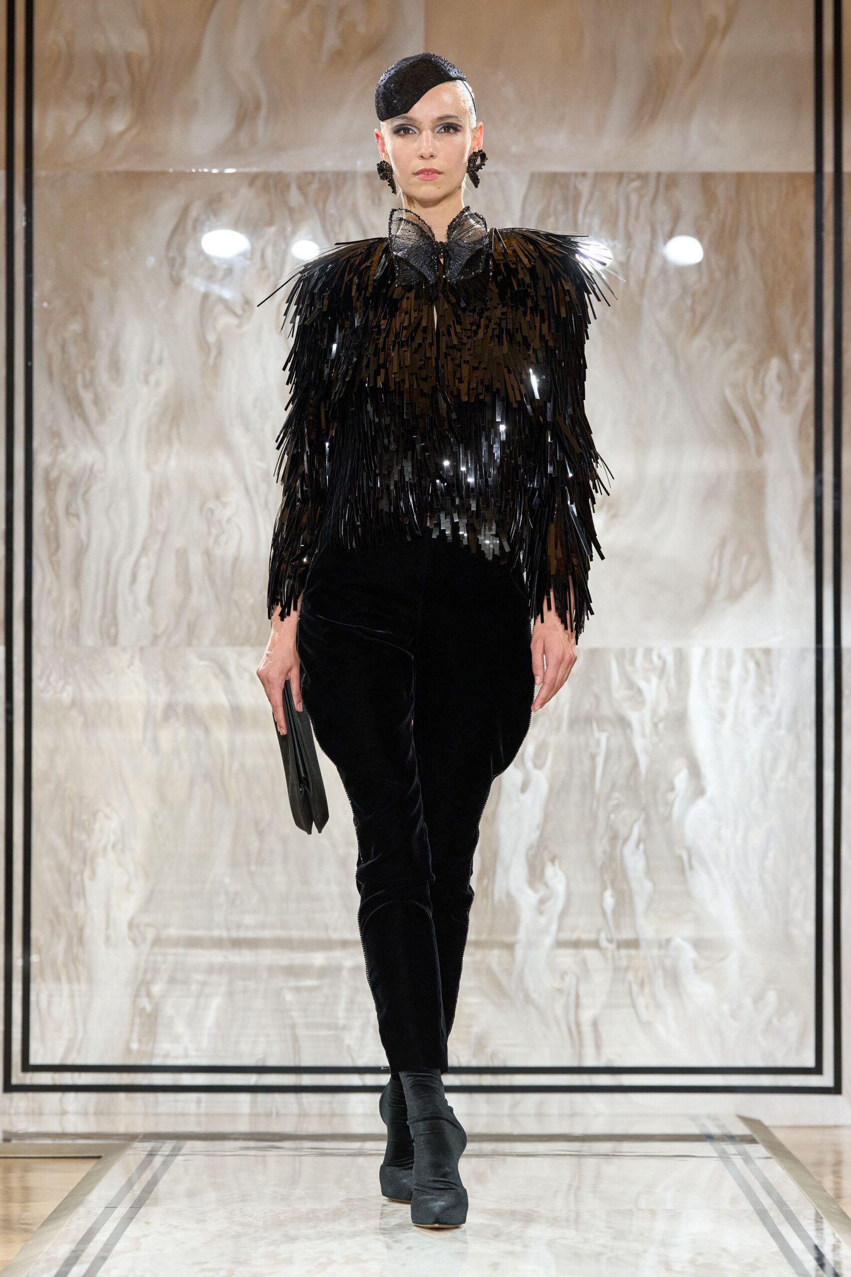 black sequin long-sleeve collared fitted fringed shiny top