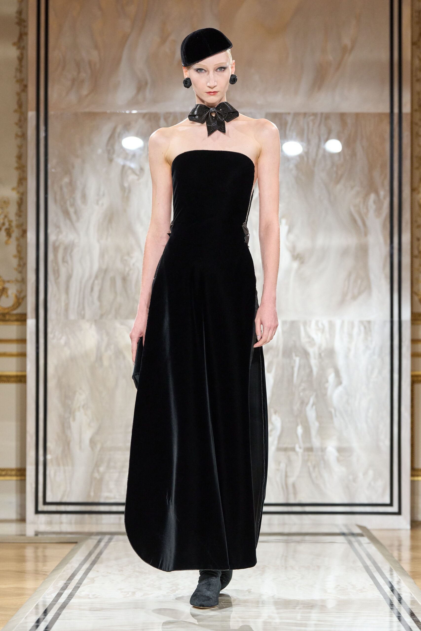 black velvet strapless fitted maxi gown
