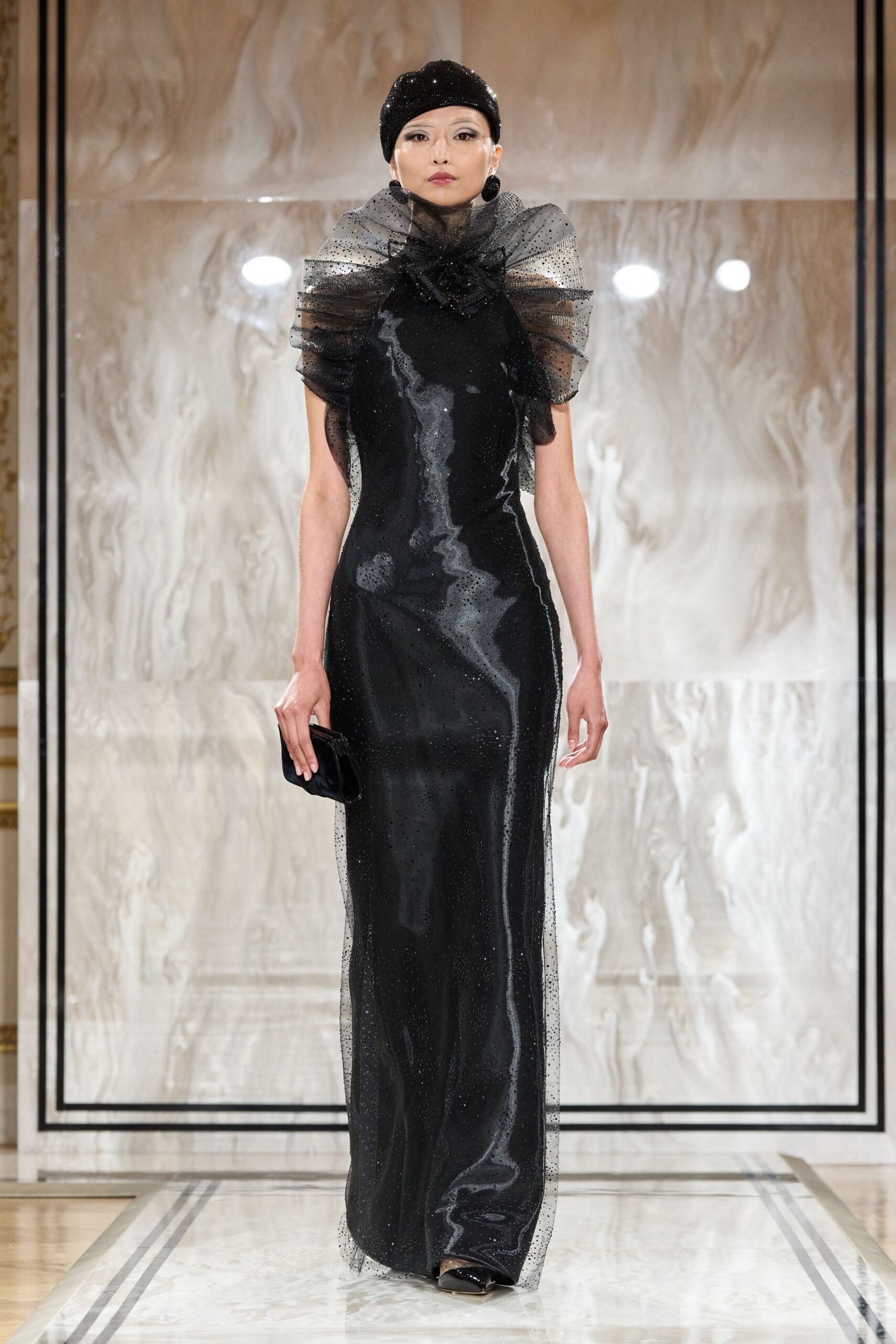 black silk sleeveless high-neck fitted pleated draped gown