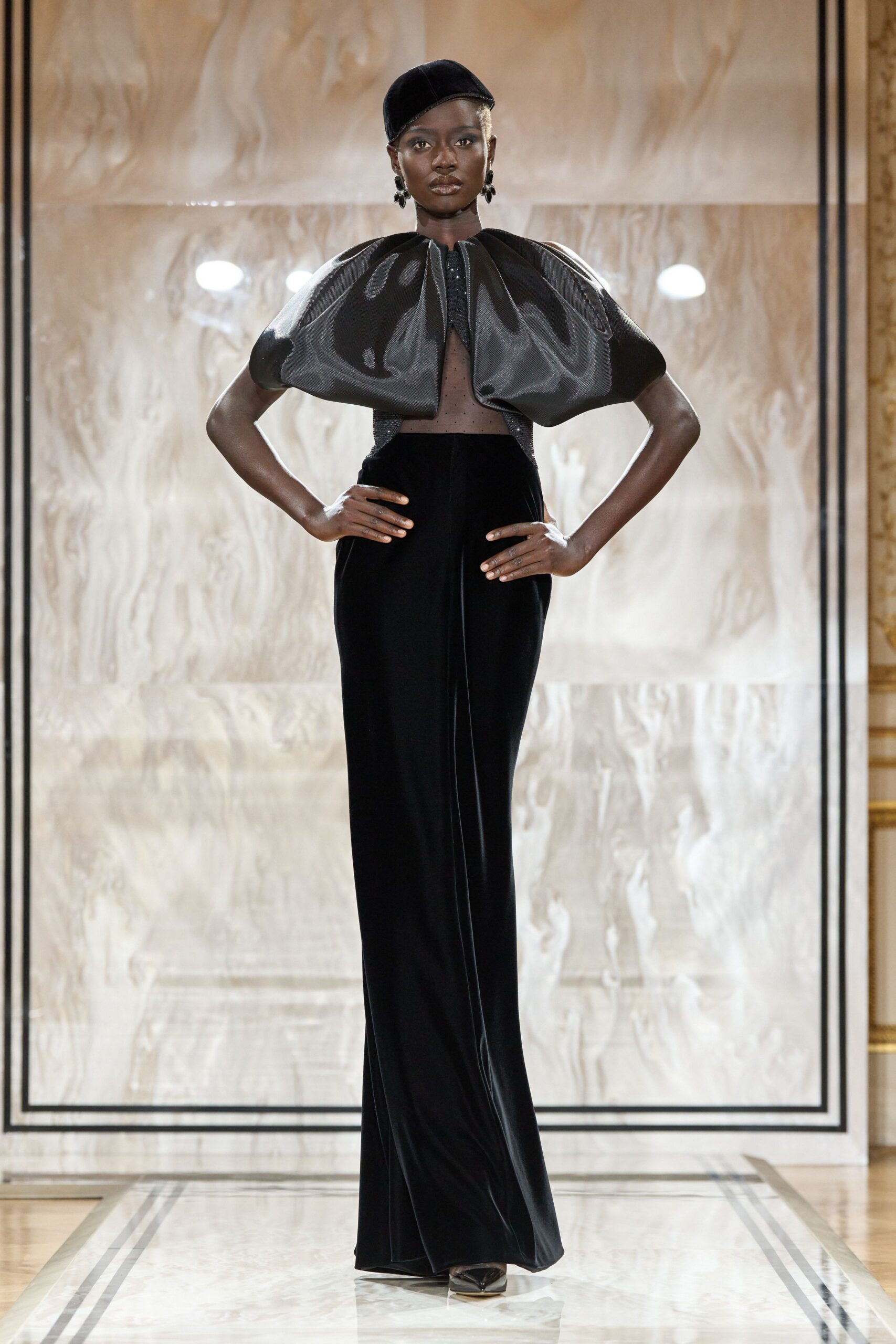 black silk sleeveless structured draped shiny cape