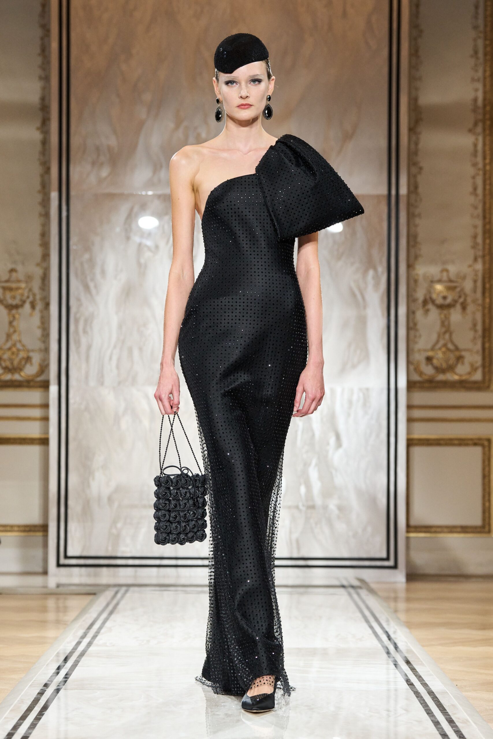 black silk strapless fitted pleated embellished shiny gown