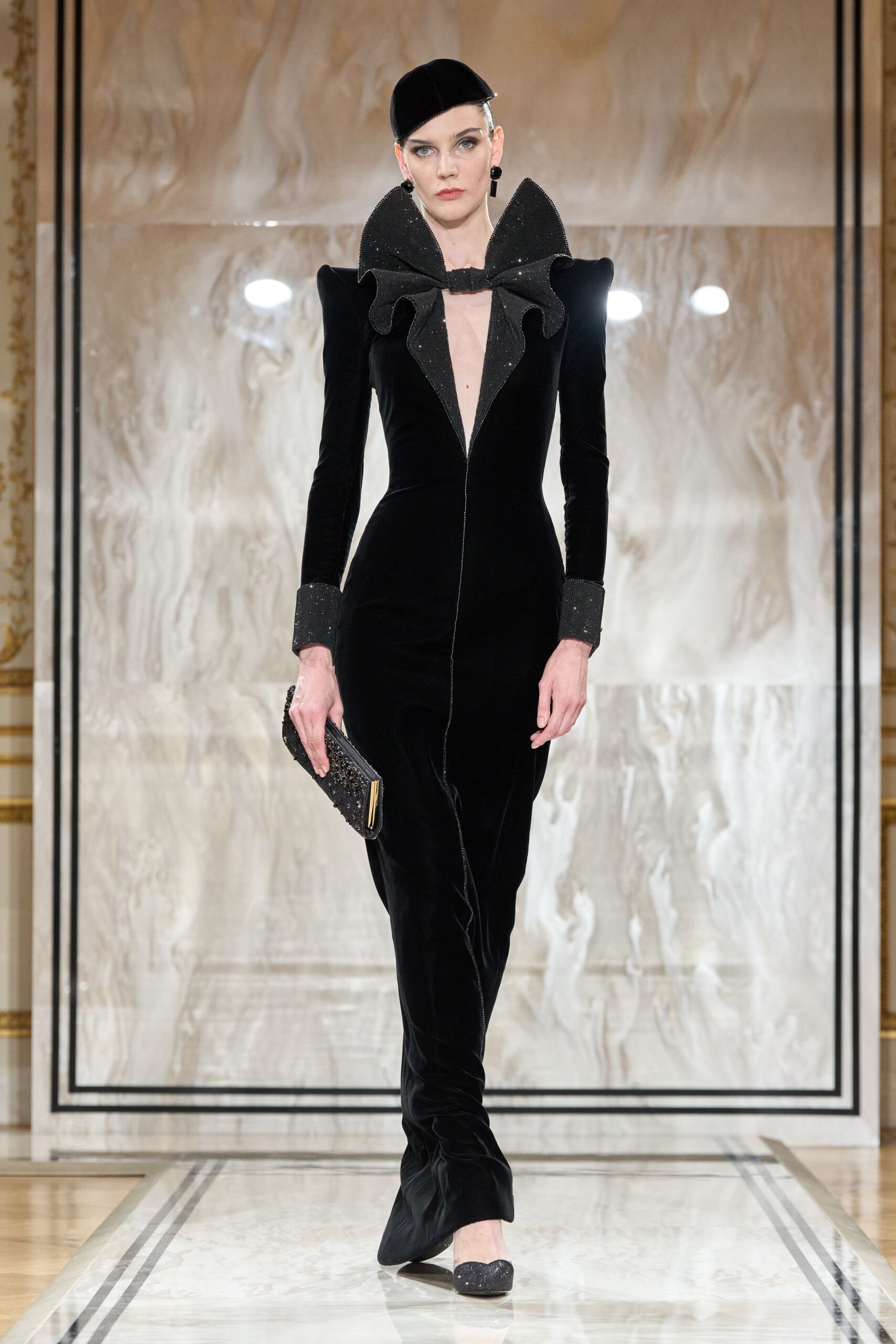 black velvet long-sleeve v-neck fitted pleated embellished gown