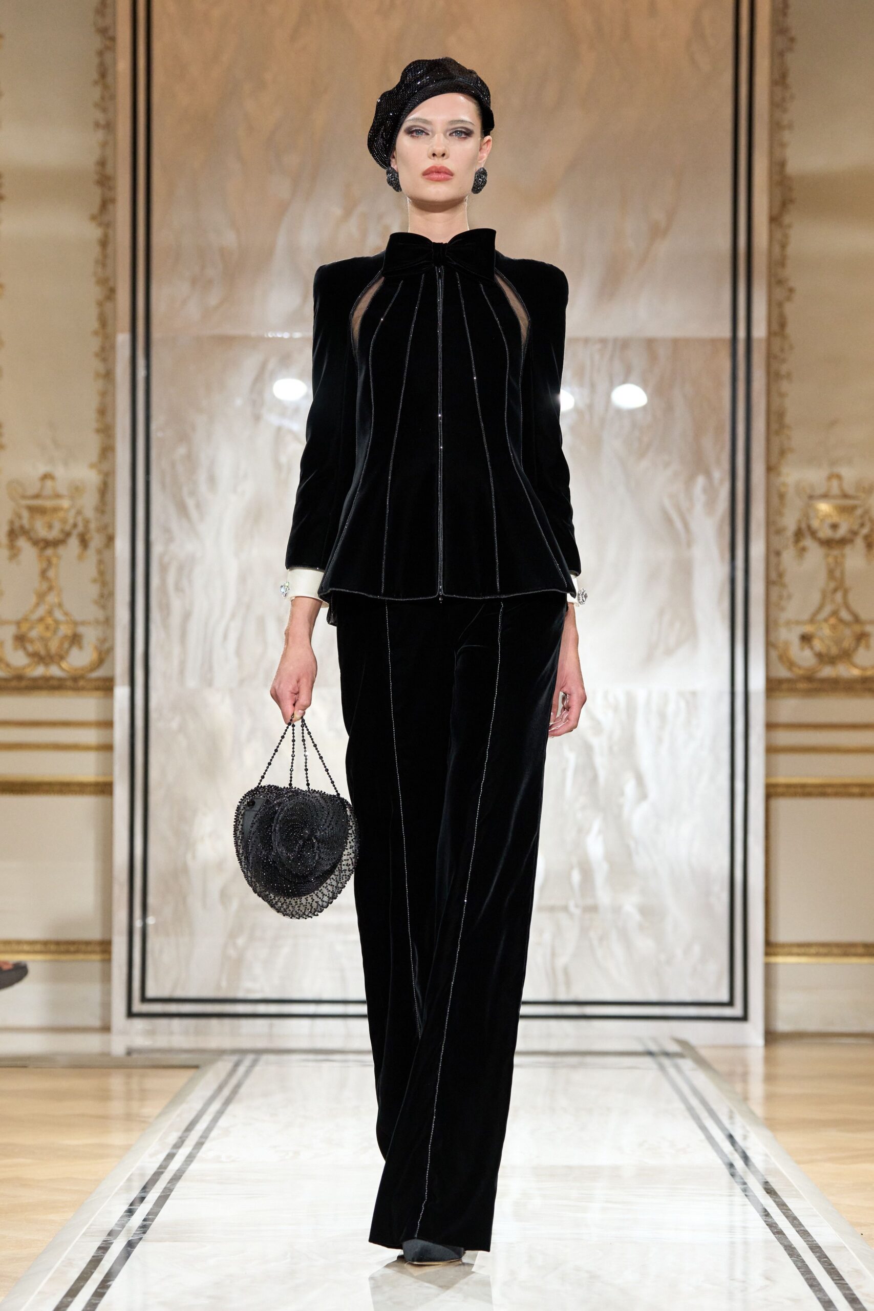 black velvet long-sleeve collared fitted zippered pleated blazer