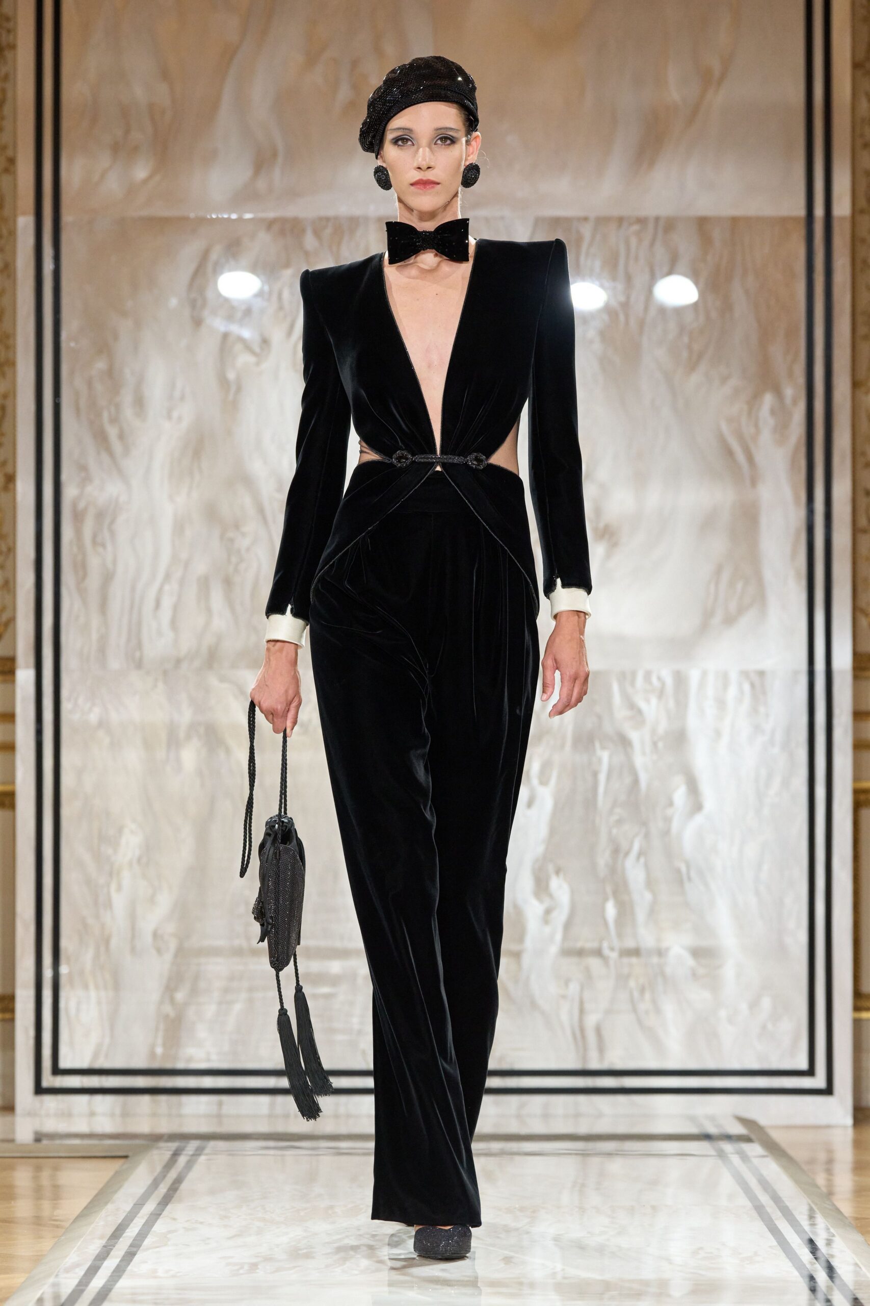 black velvet long-sleeve v-neck fitted draped belted jumpsuit