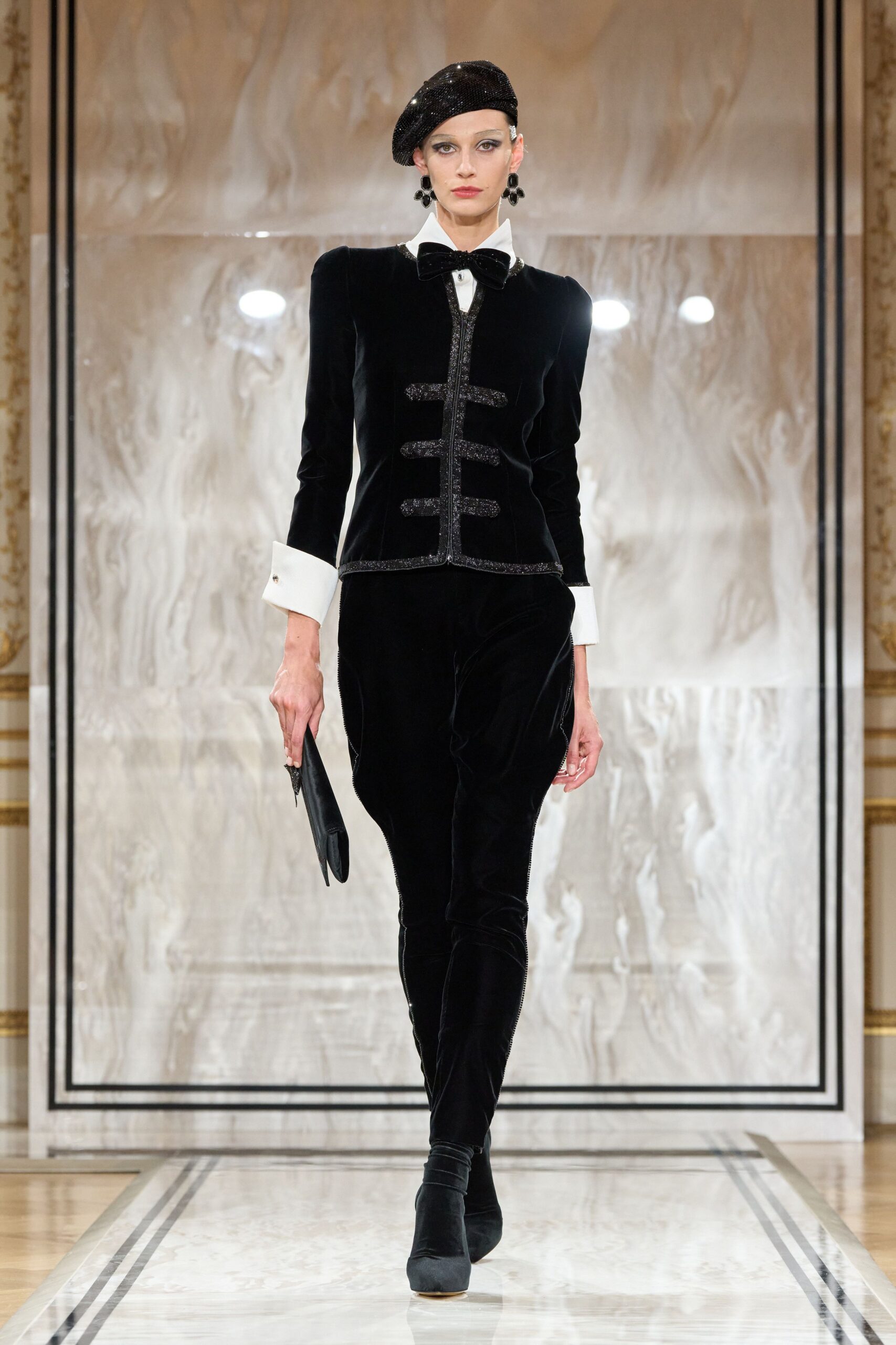 black velvet long-sleeve collared fitted buttoned embellished blazer
