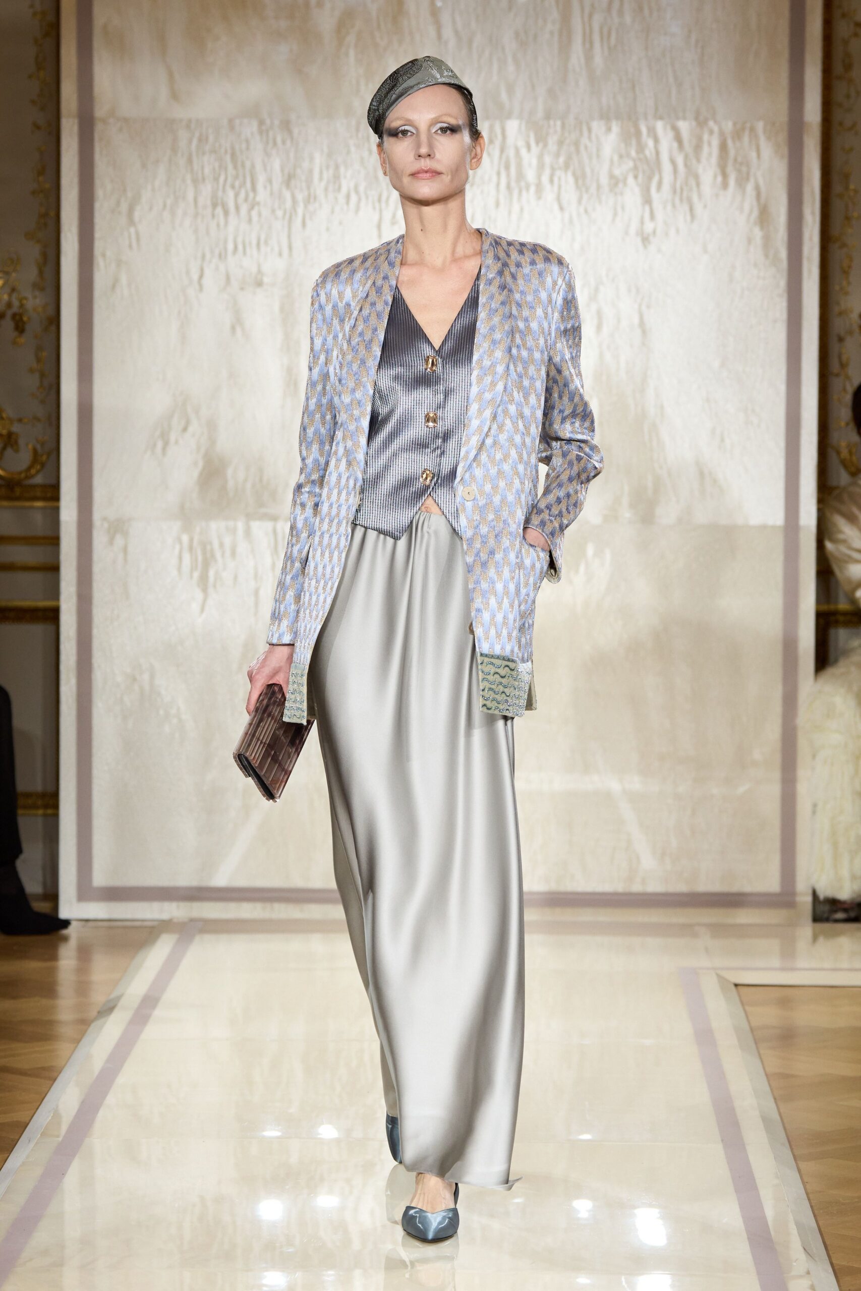 blue silk long-sleeve collared tailored printed blazer