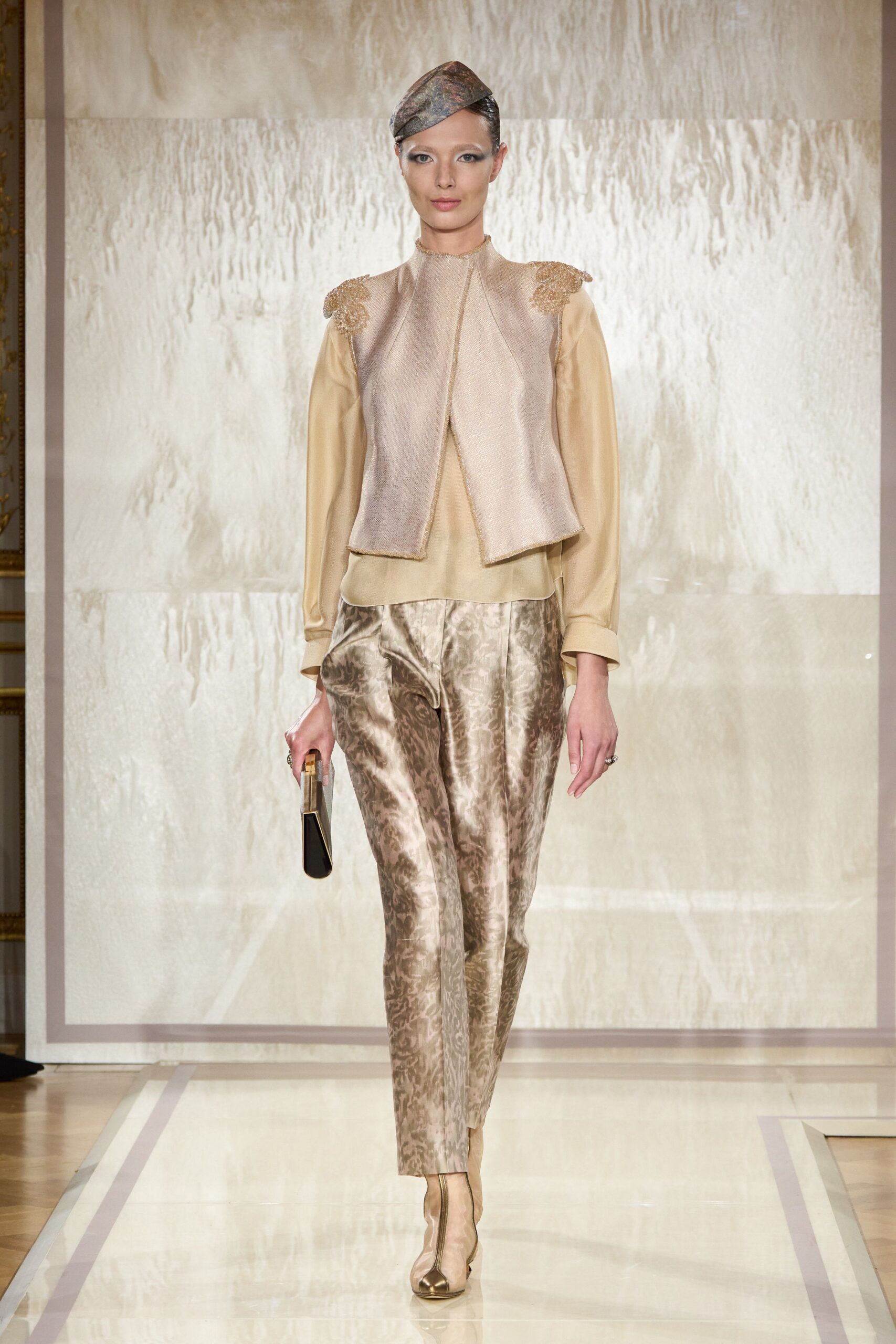 beige silk long-sleeve collared fitted embellished jacket