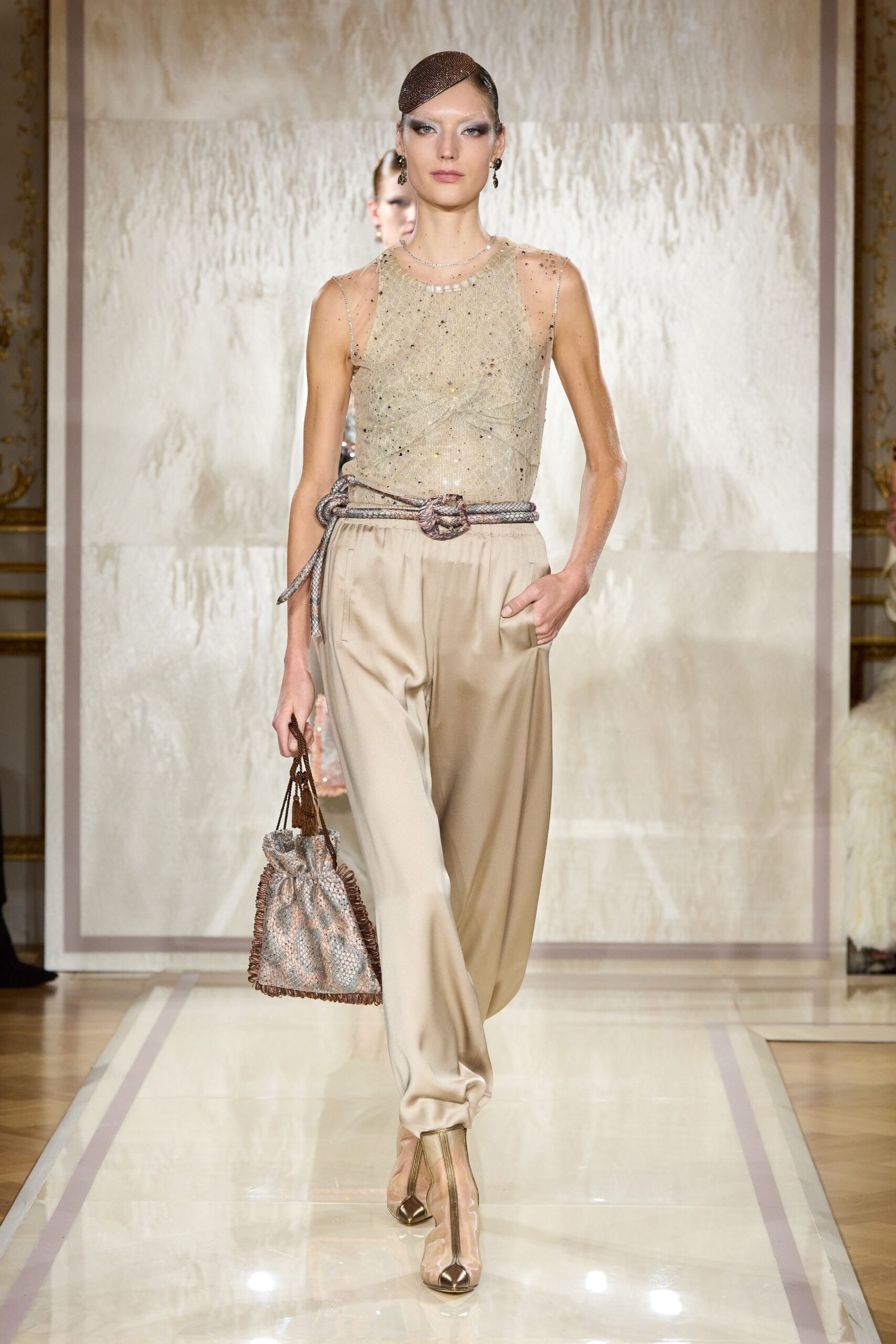 gold silk sleeveless high-neck fitted beaded shiny top