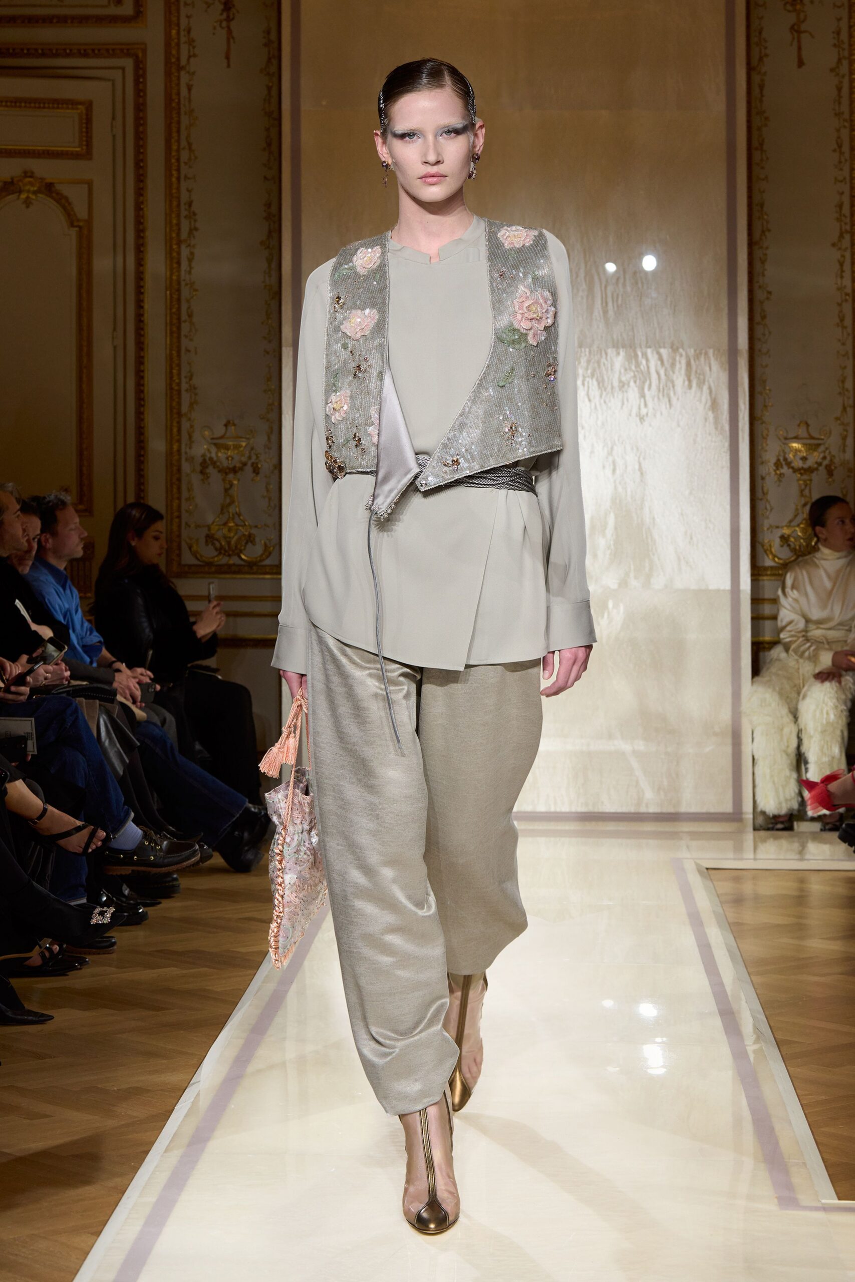 gray silk long-sleeve collared relaxed embroidered top