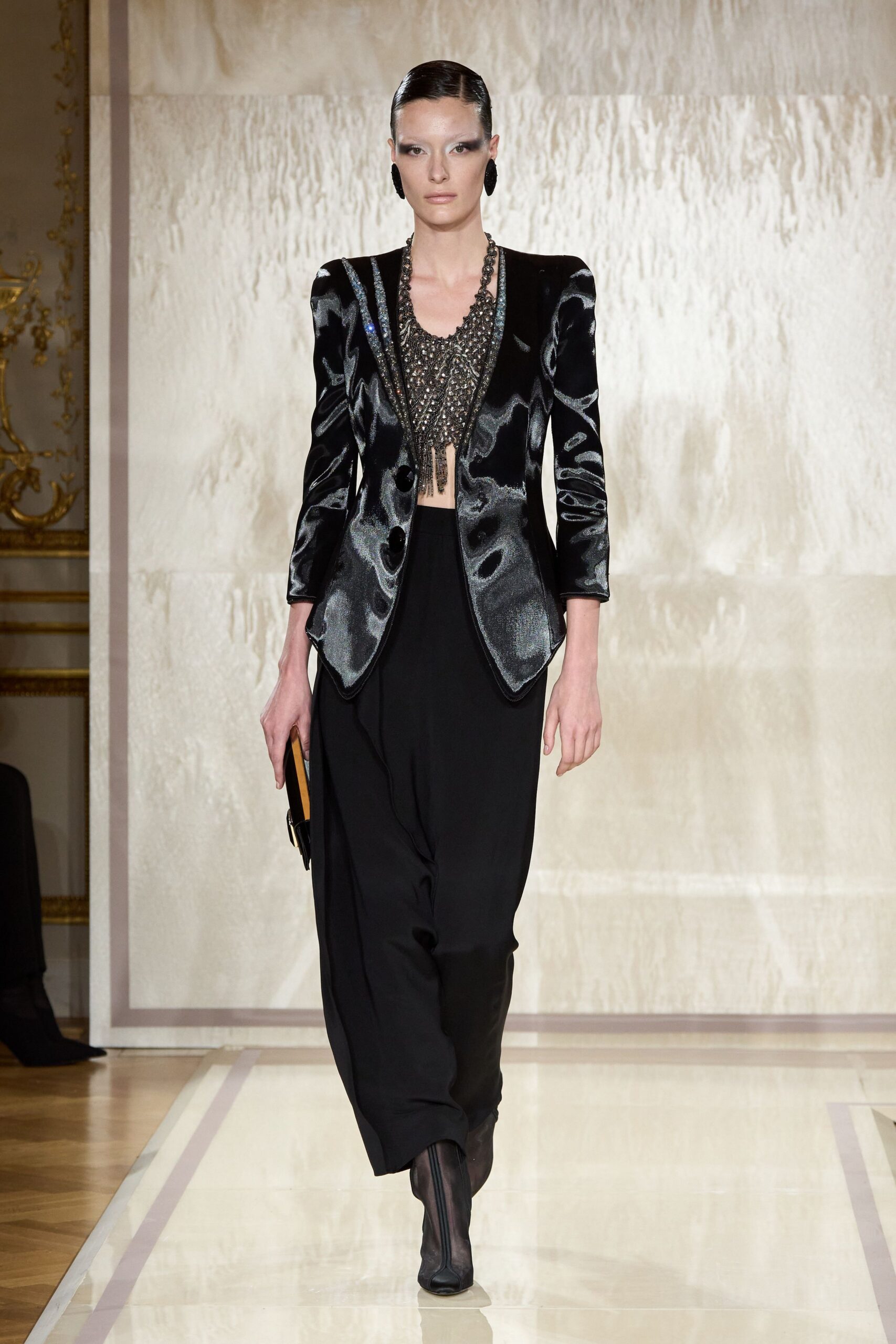black silk long-sleeve collared tailored embellished shiny blazer