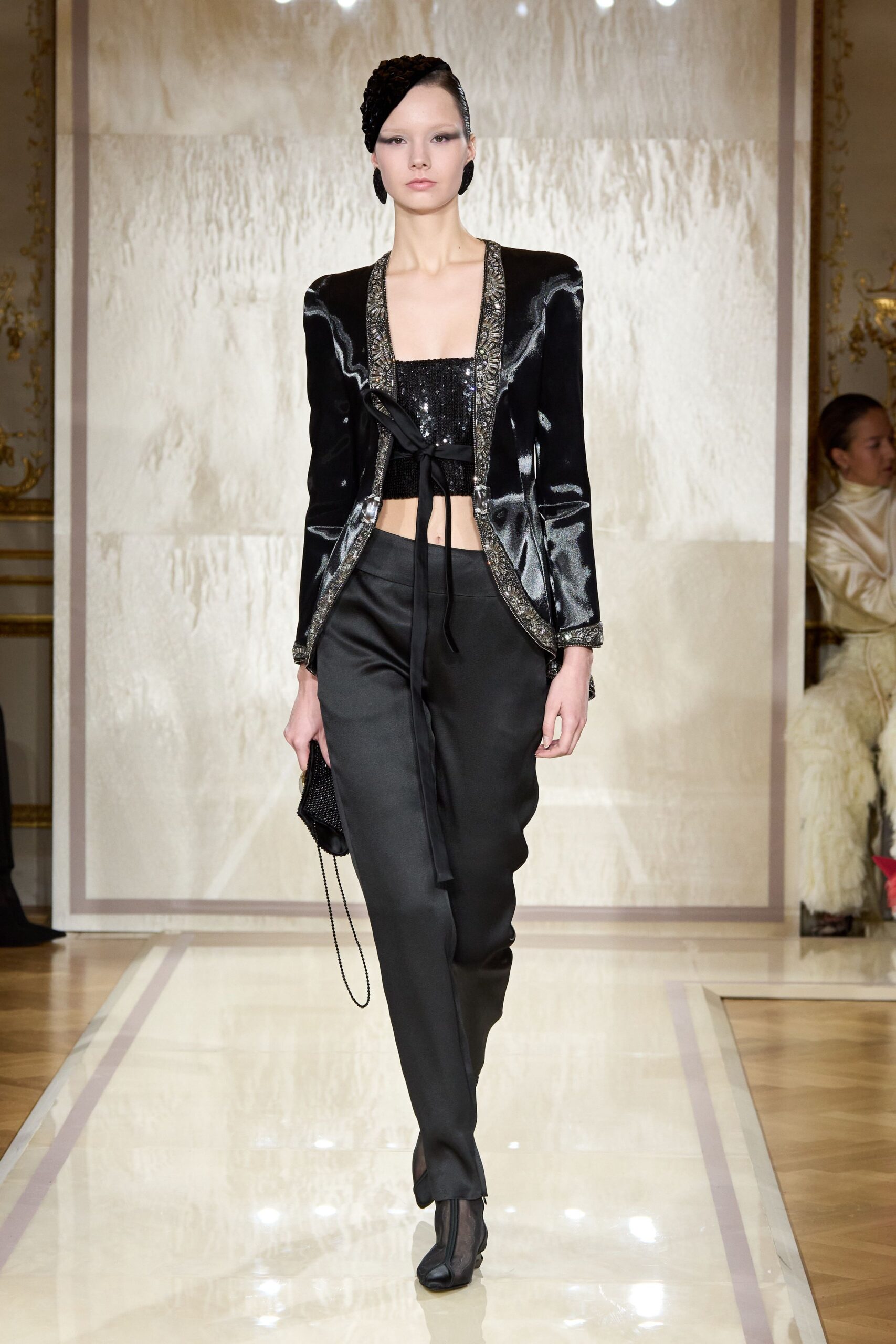 black velvet long-sleeve collared tailored buttoned embellished jacket