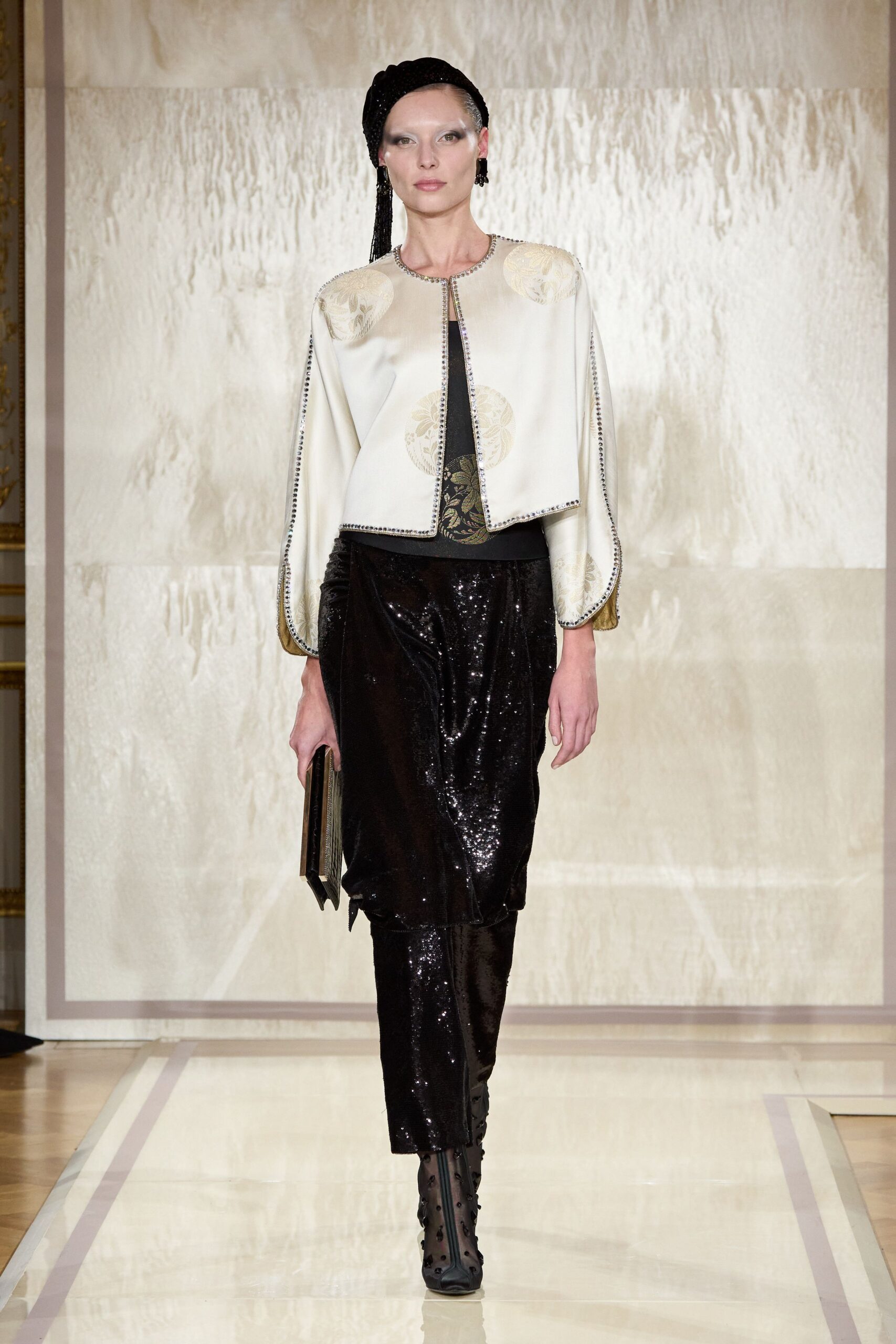 white silk long-sleeve collared structured embroidered jacket