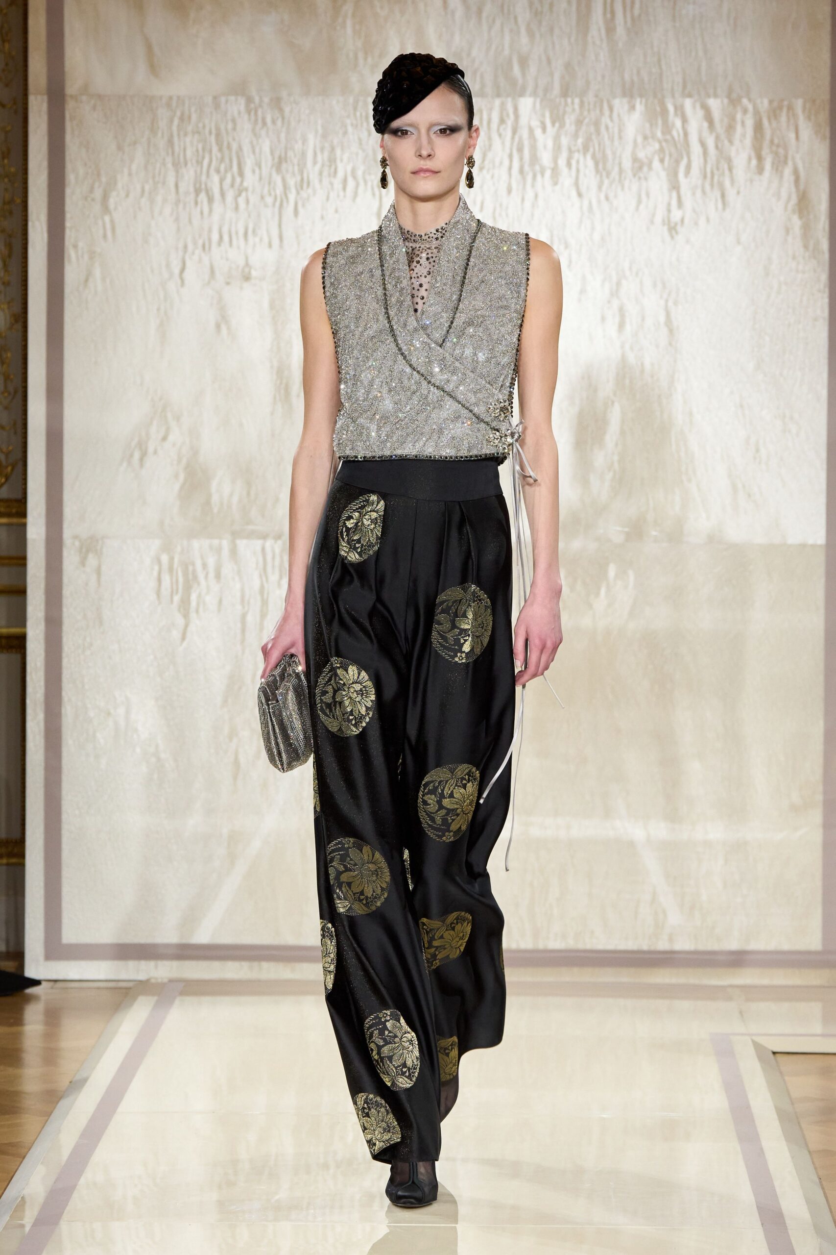 silver embellished top with printed pants