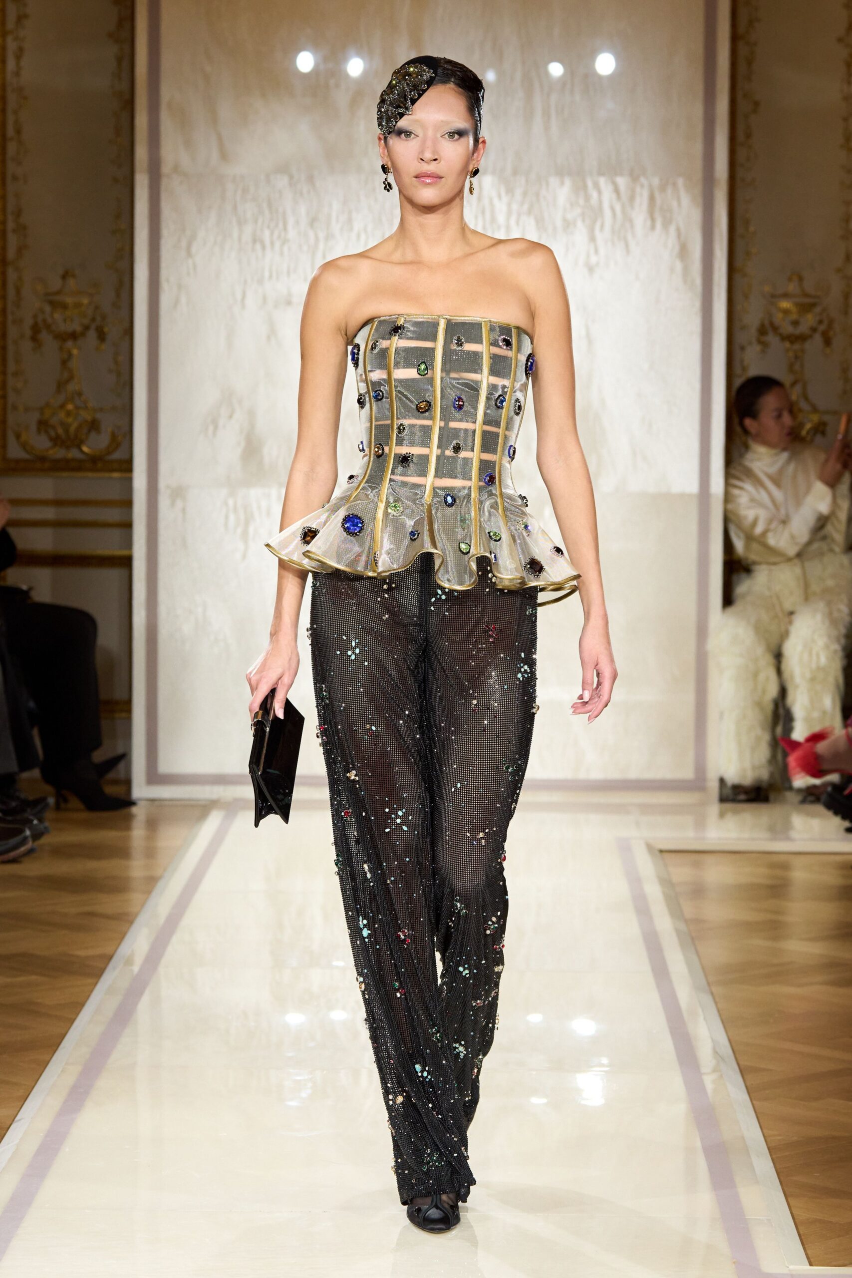 black silk strapless fitted embroidered beaded top