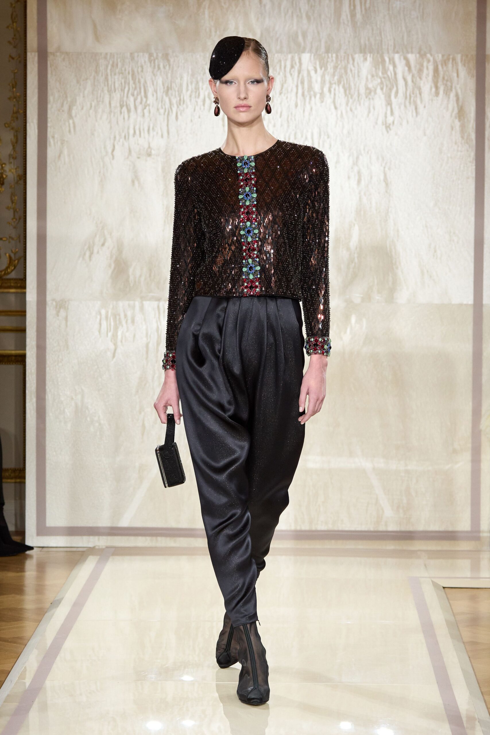 black silk long-sleeve collared fitted beaded embroidered top
