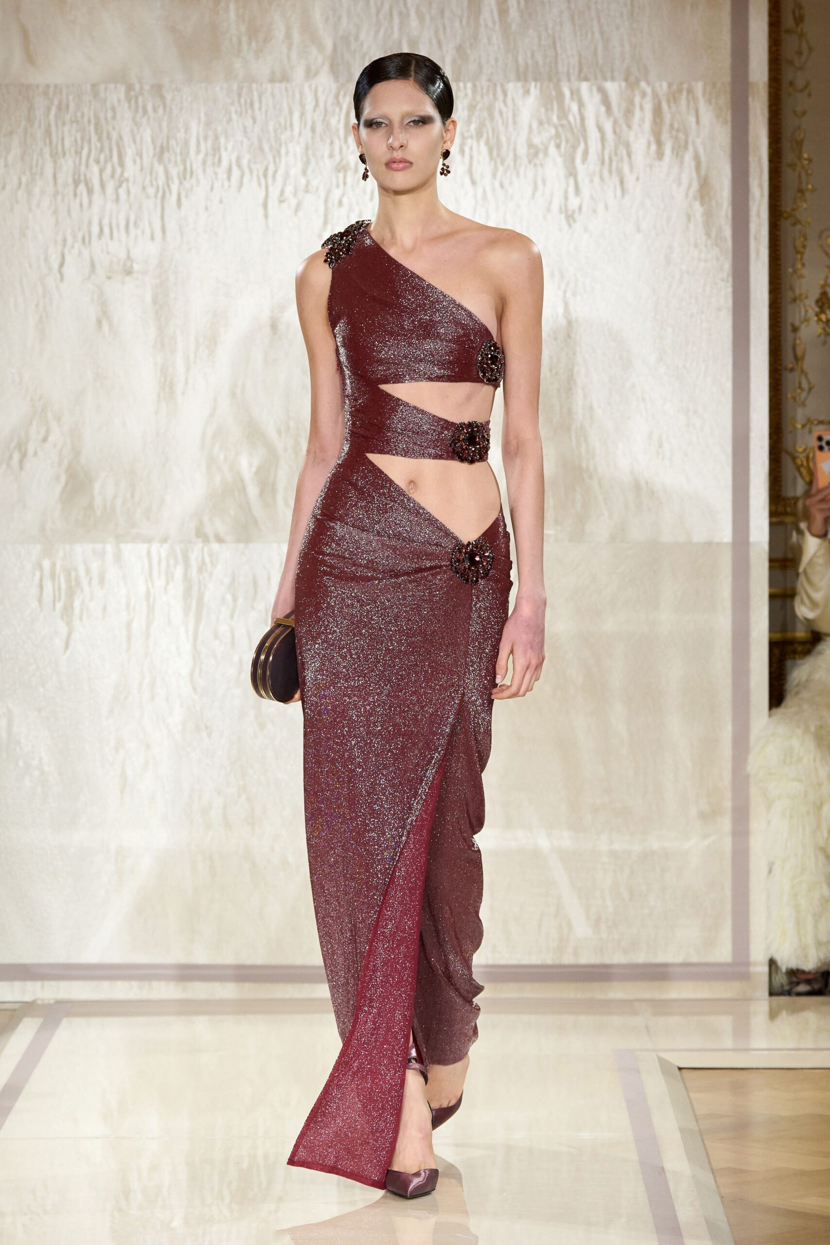 red silk fitted gown