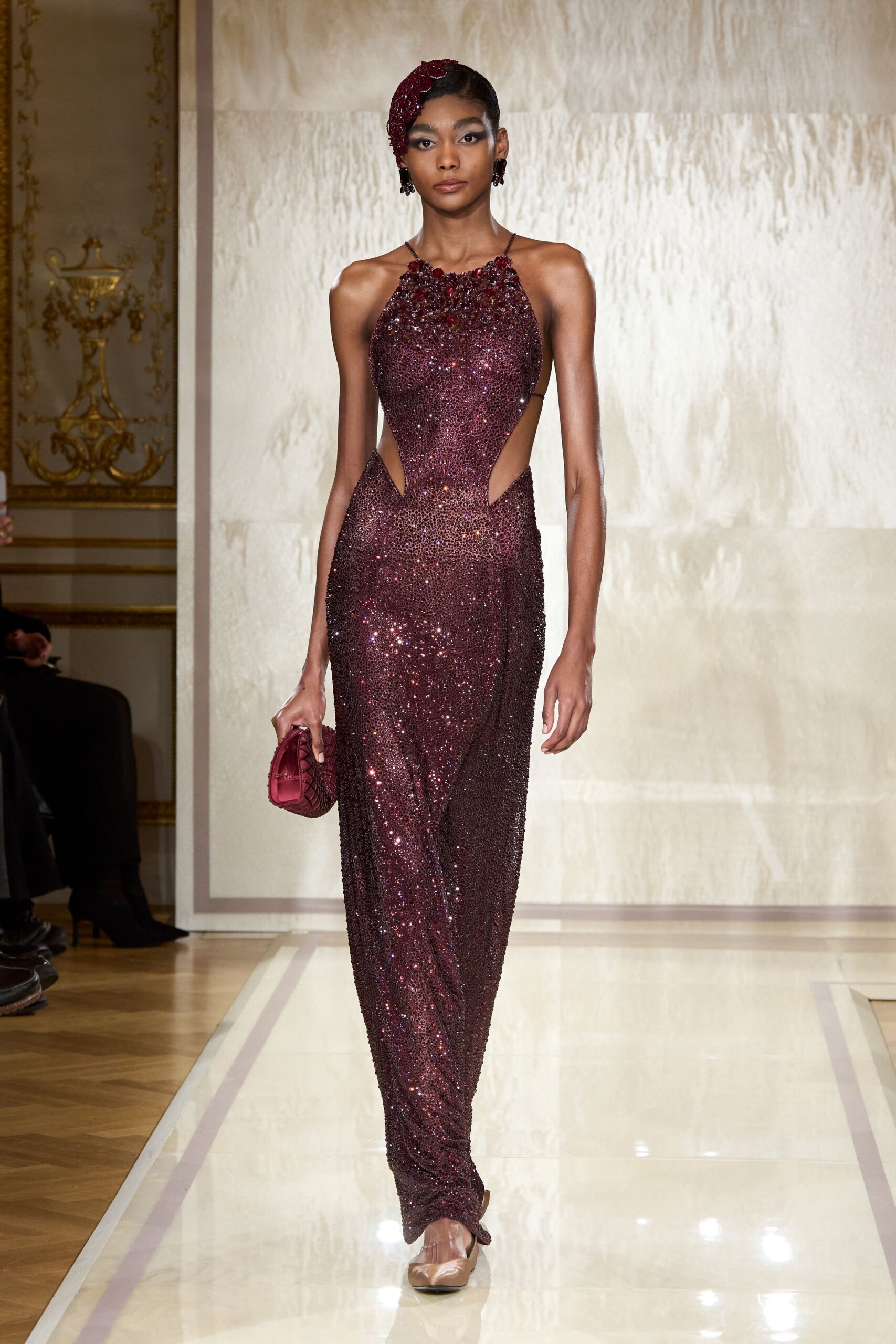 maroon sequin sleeveless high-neck fitted draped shiny gown