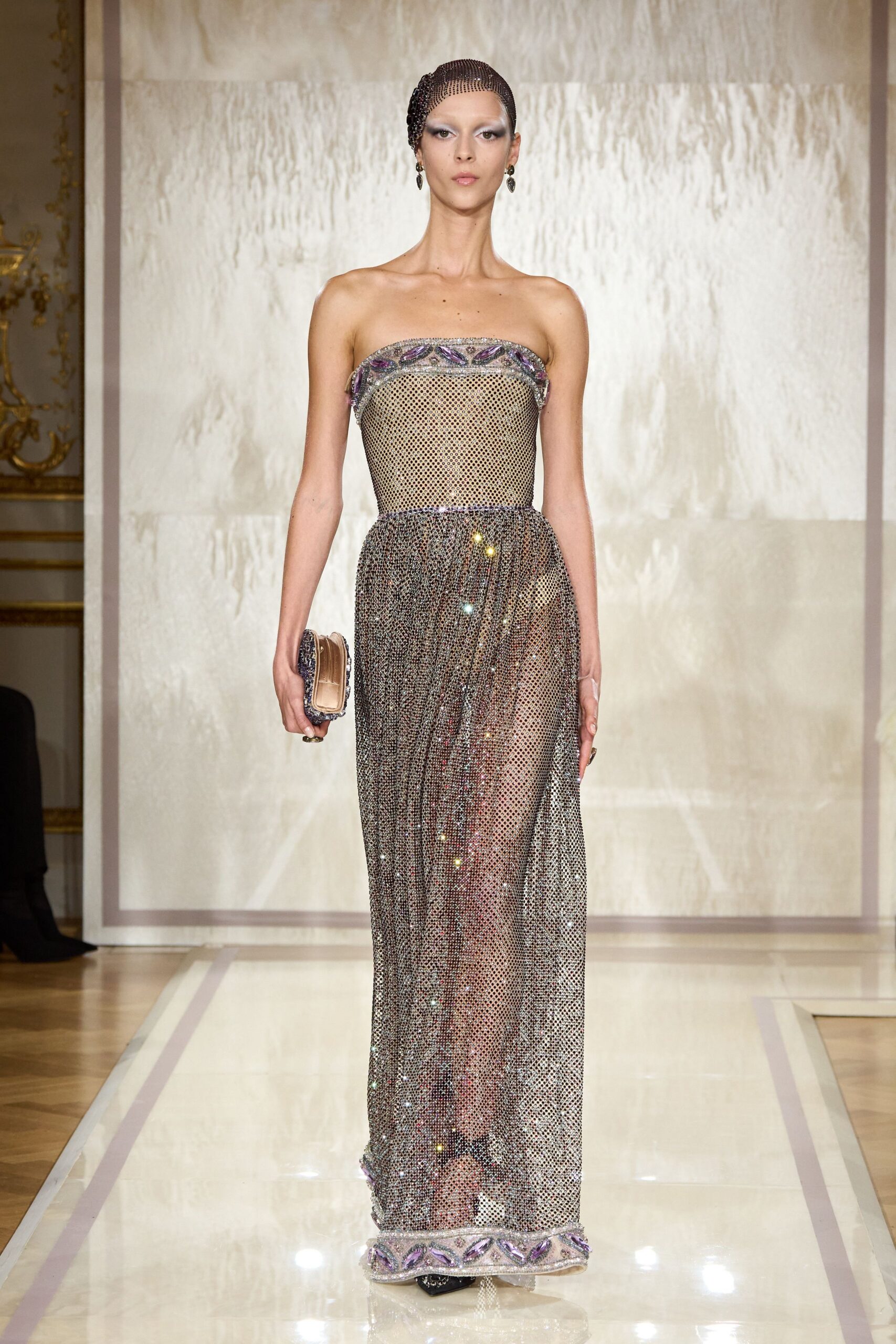gray mesh strapless fitted sequined sheer maxi gown