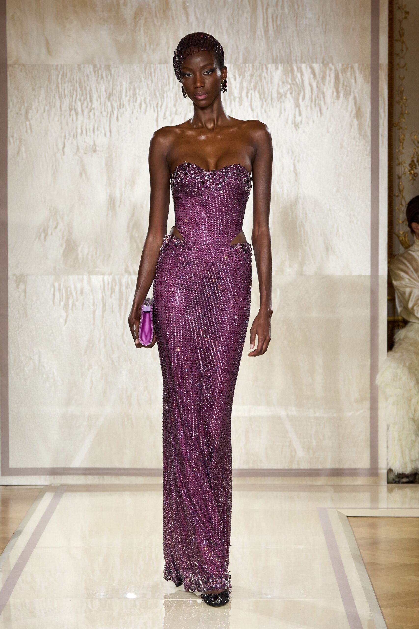 purple silk strapless slit fitted beaded shiny gown