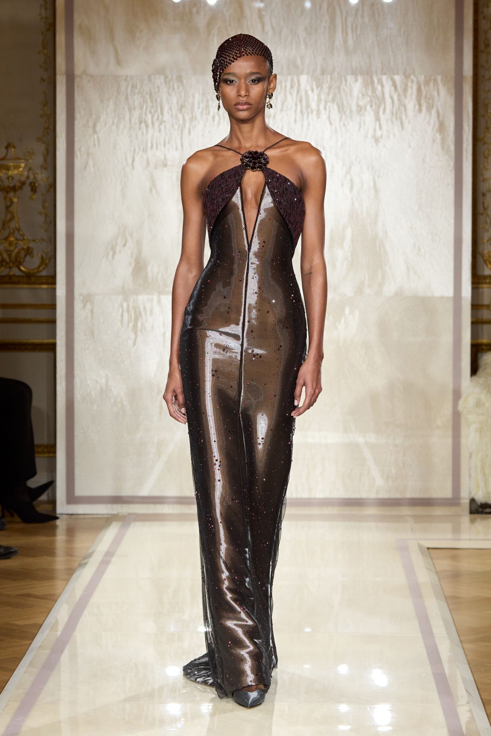 brown silk sleeveless gown