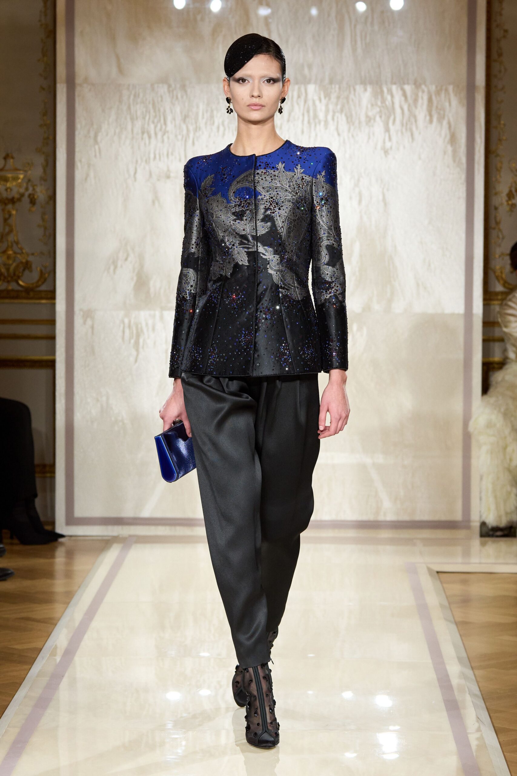 black silk long-sleeve collared structured embroidered zippered blazer