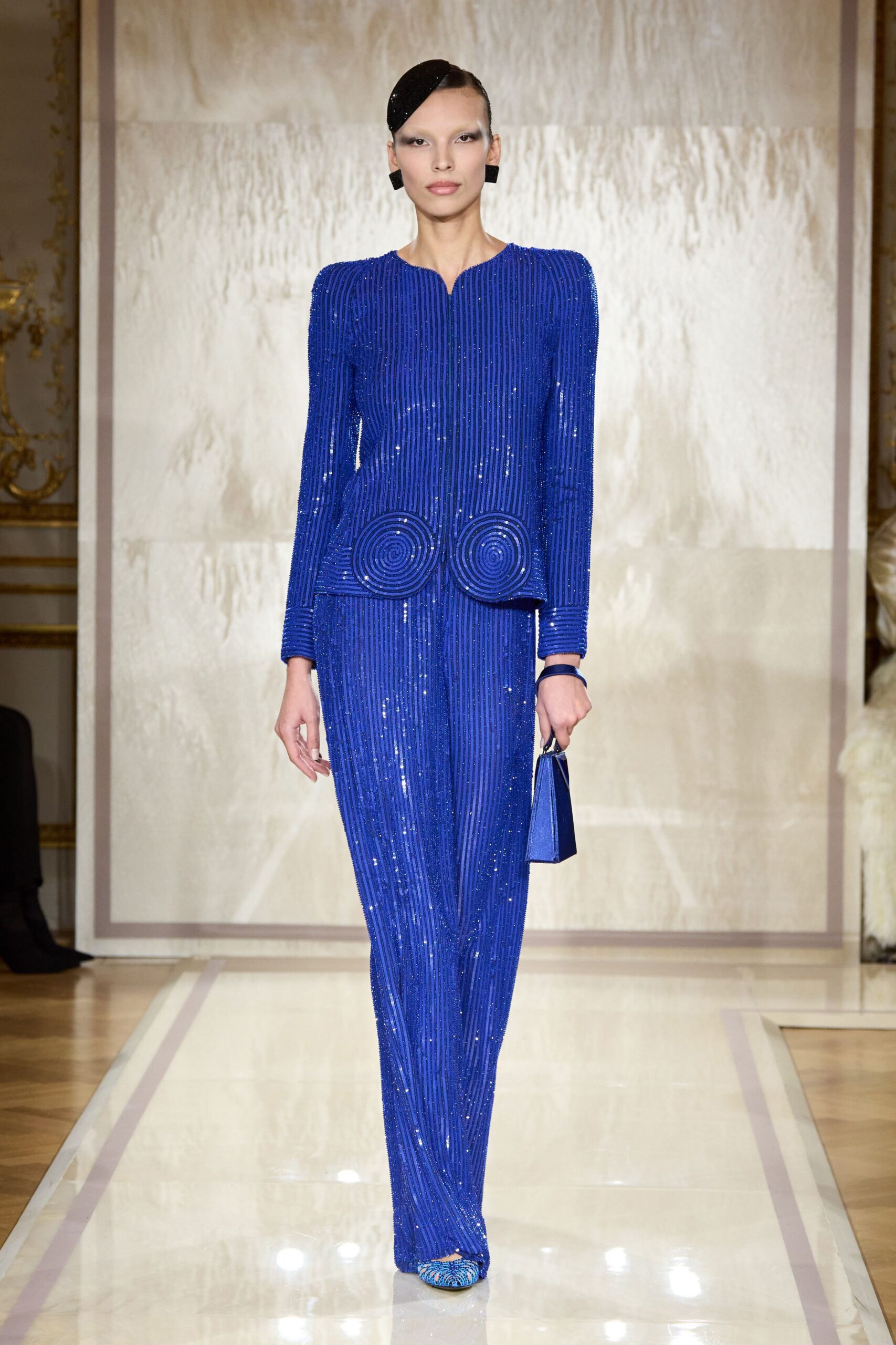 blue silk long-sleeve collared fitted structured sequined suit