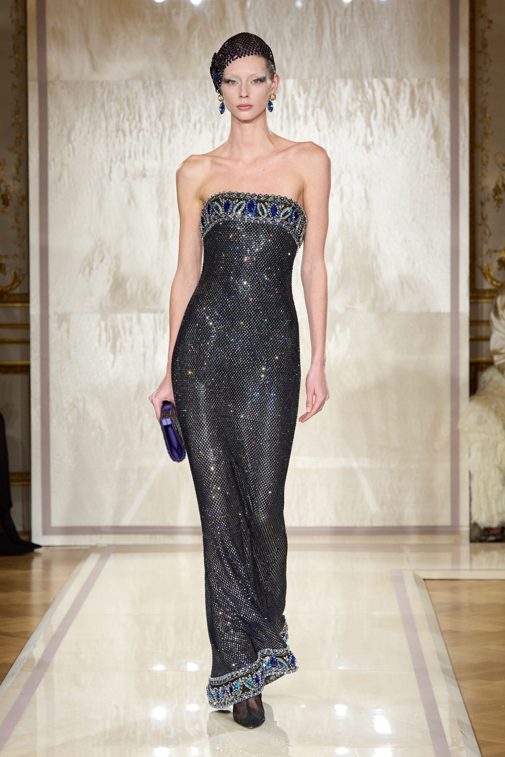 black silk strapless fitted sequined embellished shiny gown