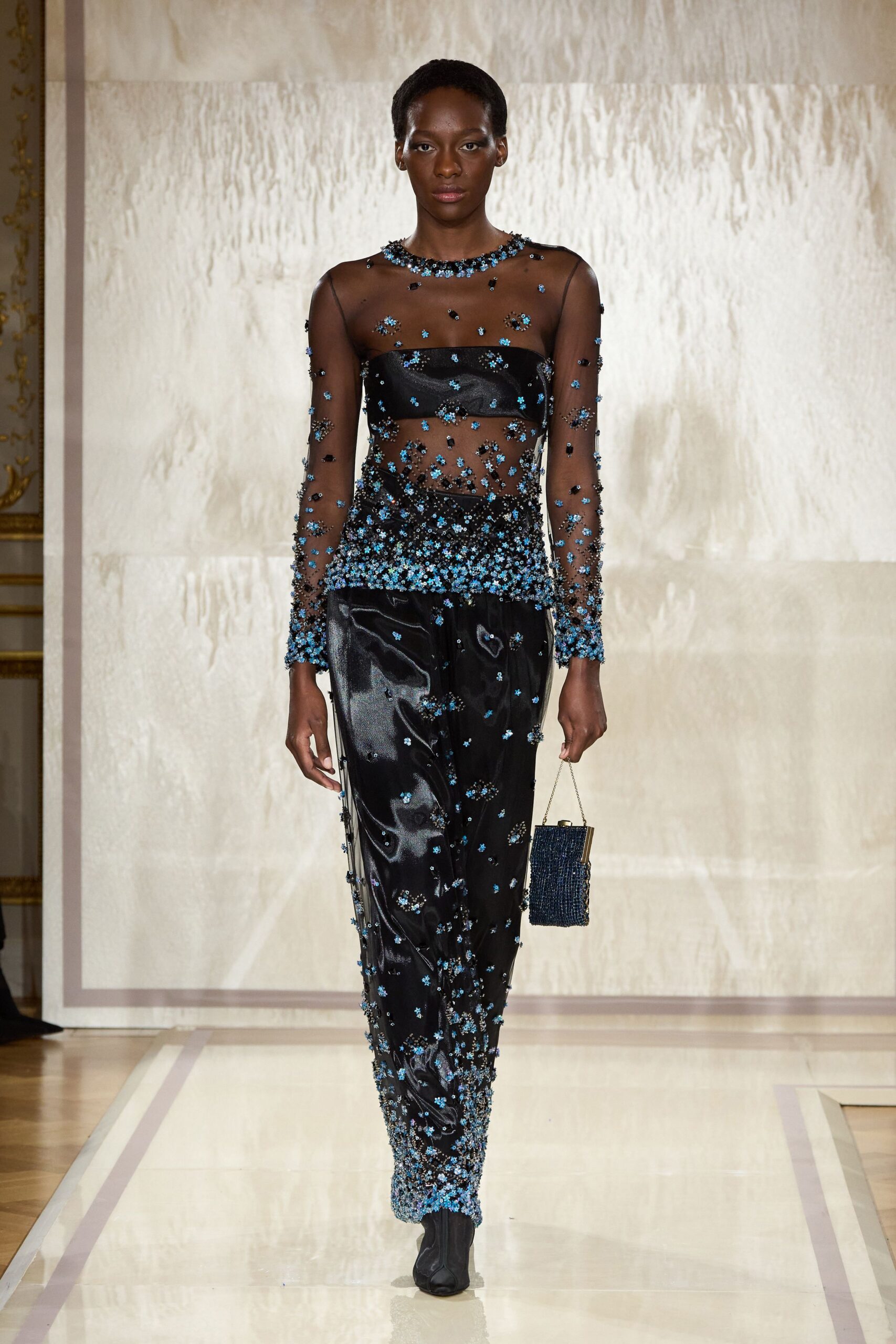 black mesh long-sleeve sleeveless fitted embellished sheer top